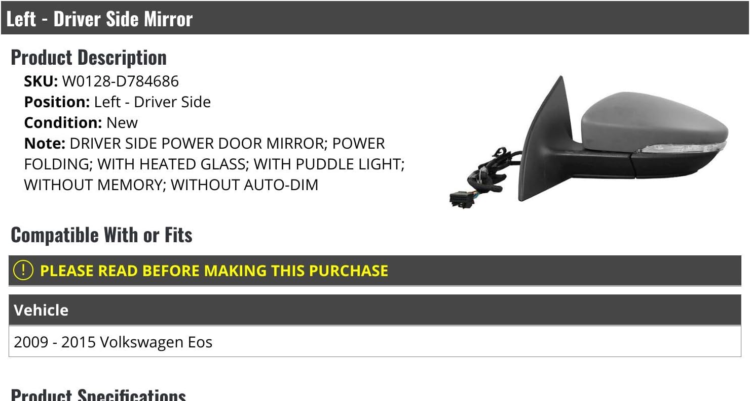 Left Driver Side Power Mirror - Power Fold - with Heated Glass and Turn Signal - without Memory and Auto Dim - Compatible with 2009-2015 Volkswagen Eos