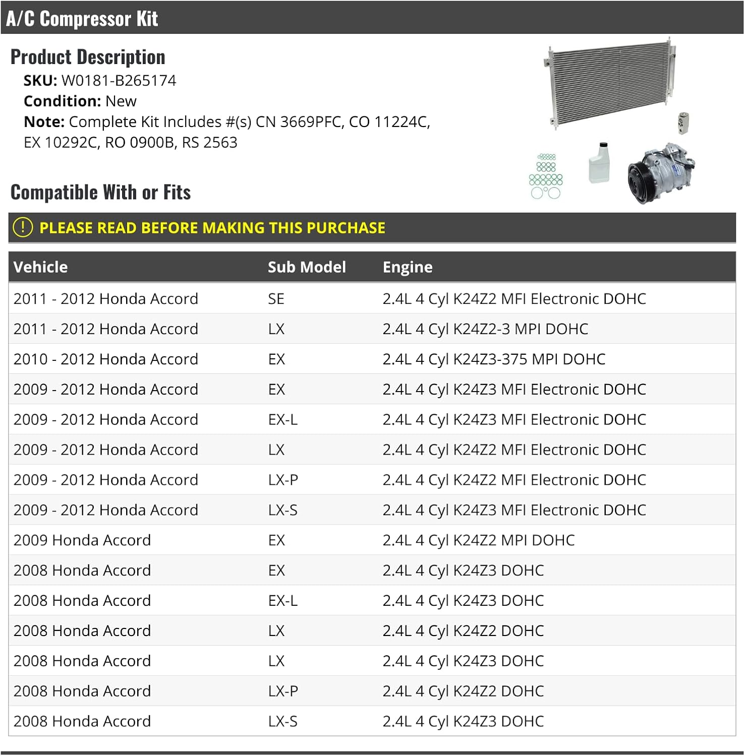 A/C Compressor and Condenser Kit - Compatible with 2008-2012 Honda Accord