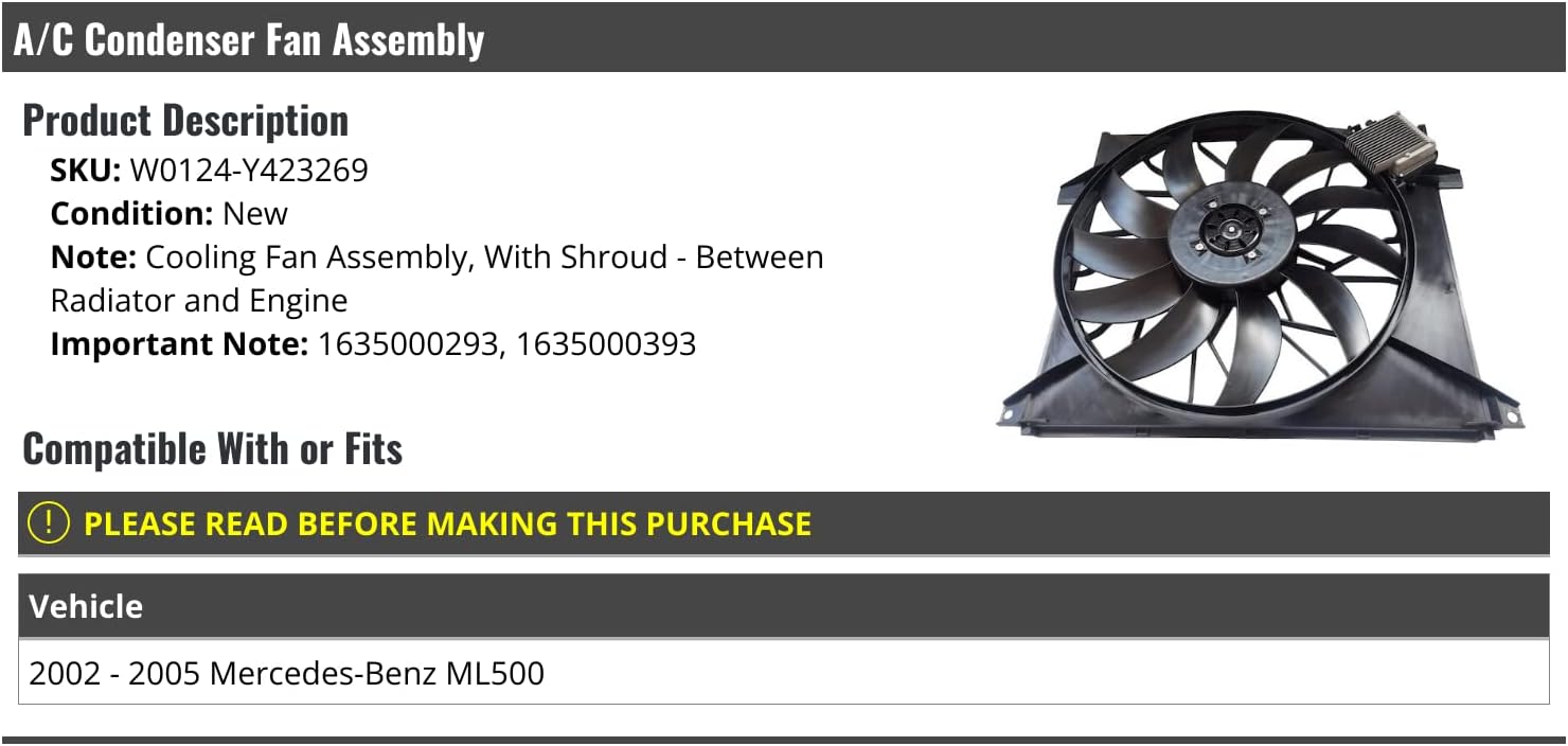 A/C Cooling Condenser Fan Assembly - Compatible with 2002-2005 Mercedes-Benz ML500