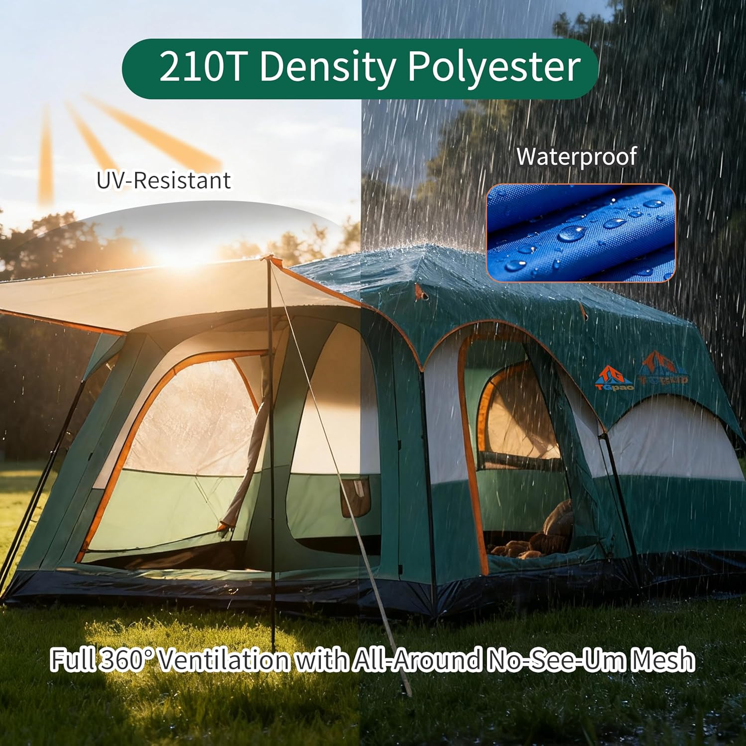 Large Family Camping Tent - 5-12 Person Multi-Room Waterproof Pop-Up Tent with Screened Porch - Glamping Tent for Outdoor Camping & Family Vacation