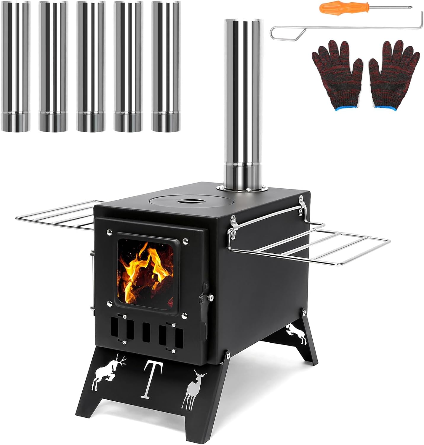 Portable Wood Burning Tent Stove for Camping & Hunting, Hot Tent Wood Stove for Outdoor Cooking & Heating, Foldable Legs & 5 Stainless Steel Chimney Pipes, Drying Rack & Gloves Included