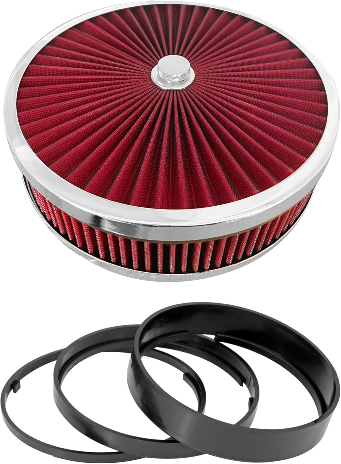 Super Flow Round 14''X2'' Air Filter Assembly Kit RED, Washable and Reusable, with Mounting Stud & Wing Nut & Air Cleaner Riser Kit, for 4 Barrel Carburetor V8 Engines