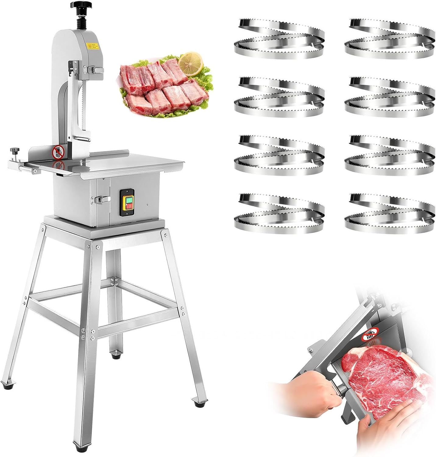 Electric Meat Bandsaw with Removable Stand, 1500W Stainless Meat Cutter Machine with 8 Blades, Commercial Meat Slicer with 0.04-9.8'' Cutting Thickness for Beef, Ribs, Meat Processing