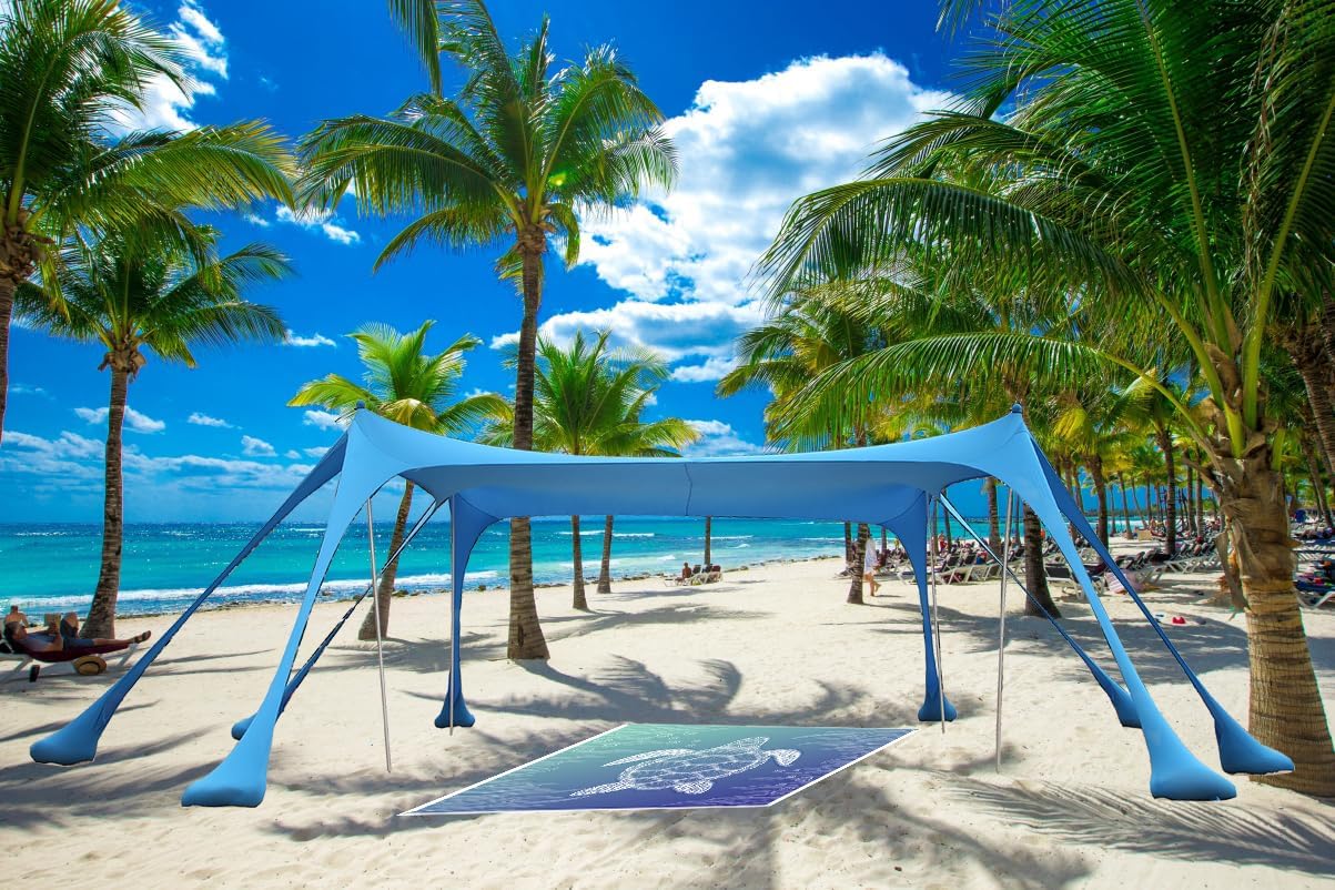 Beach Canopy Beach Tent with Beach Blanket（Turtle Pattern,Camping Sun Shelter UPF50+ with 8 Stability Poles/Carry Bag/Ground Pegs/Sand Shovel Portable Outdoor Shade Beach Canopy
