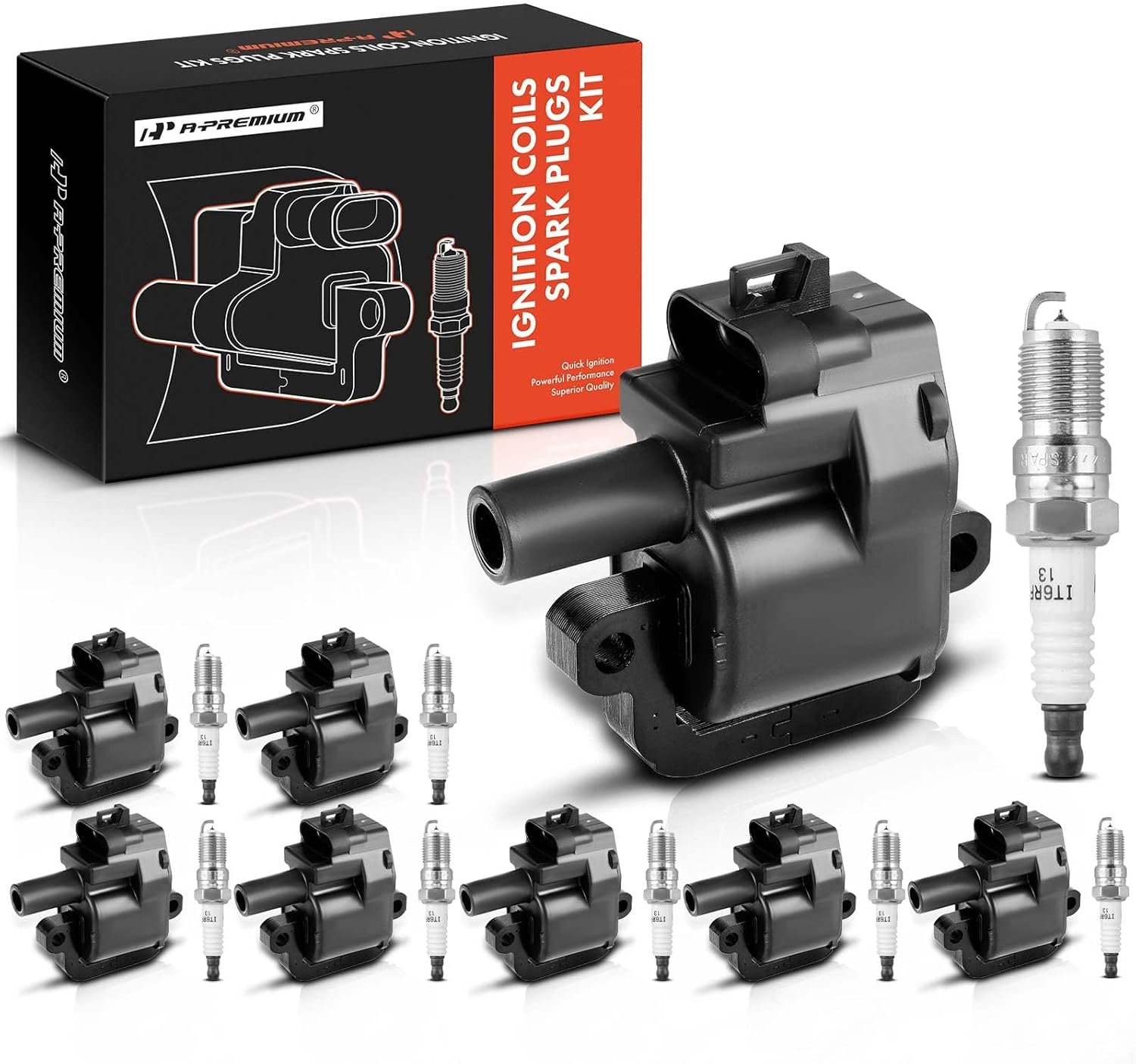 A-Premium Ignition Coils and Spark Plugs Kits (Black) Compatible with Chevrolet Camaro 1998-2002, Corvette 1997-2004 & Cadillac CTS 2004-2005 & Pontiac Firebird 1998-2002, 5.7L 8-PC Set