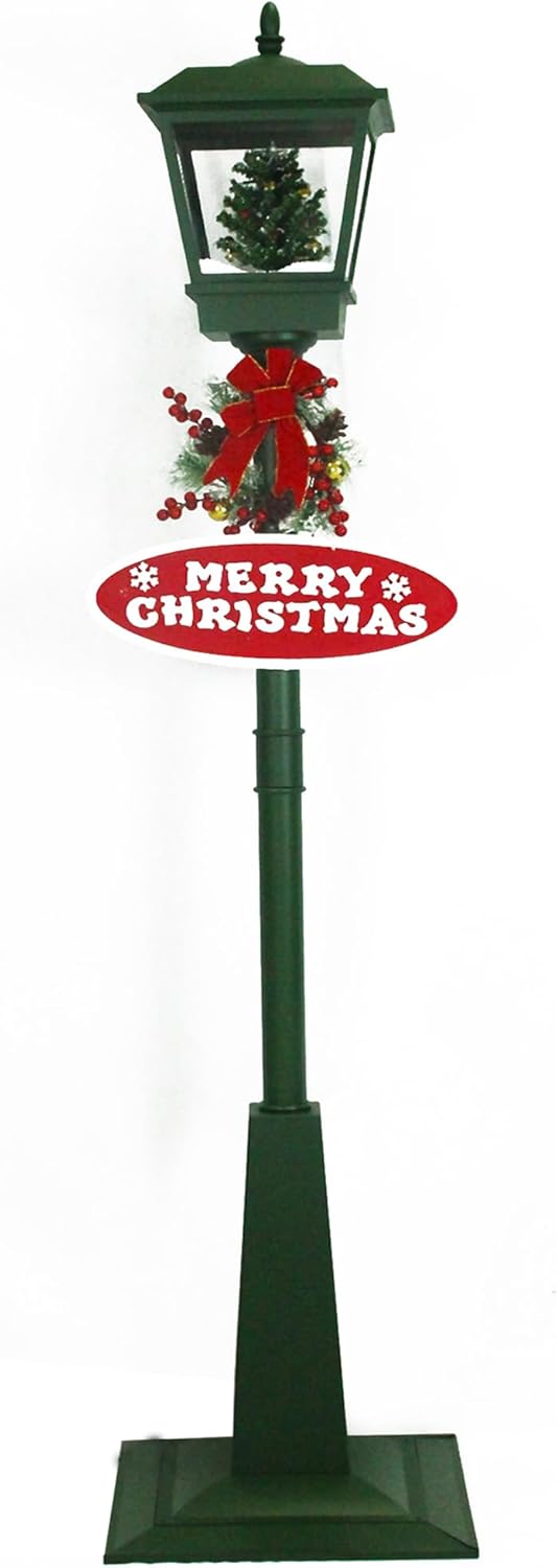 Fraser Hill Farm 71-in Musical Snowy Christmas Street Lamp in Red with Snowman Family Scene, Cascading Snow, and Music, Lighted Holiday Decoration, Winter Décor for Living Room & Foyer