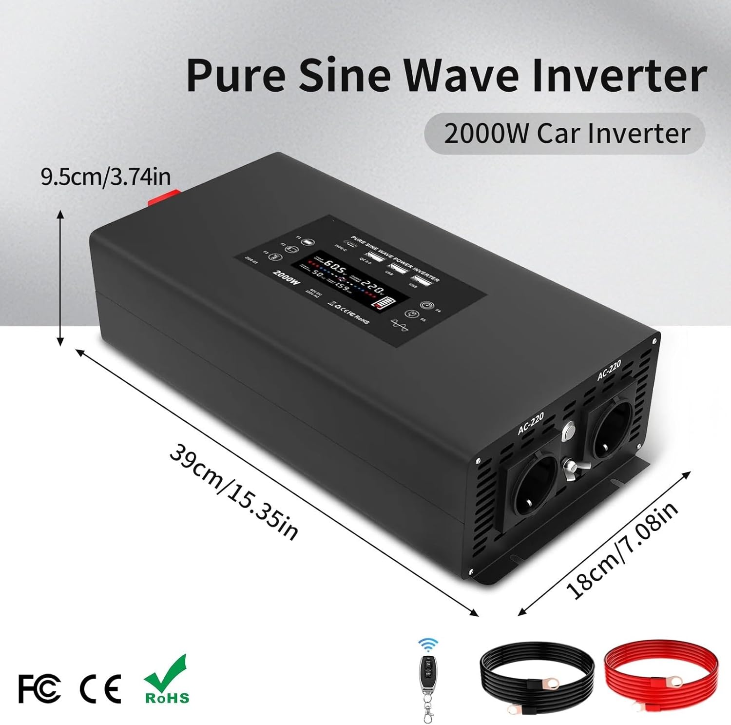 Portable Car Inverter 2000W 4000W Pure Sine Wave Inverter DC12V To AC220V-240V Power Voltage Converter Solar Inverter Europe(Two pieces)
