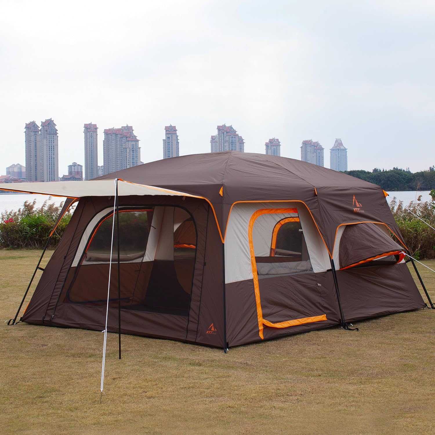 KTT Large Family Cabin Tent 10-12 Person,14.1X10X6.58ft,2 Rooms,3 Storage Pockets,2 Bay-Windows 3 Doors and 3 Windows with Mesh,Straight Wall,Waterproof,Double Layer,Big Tent for Outdoor,Camping