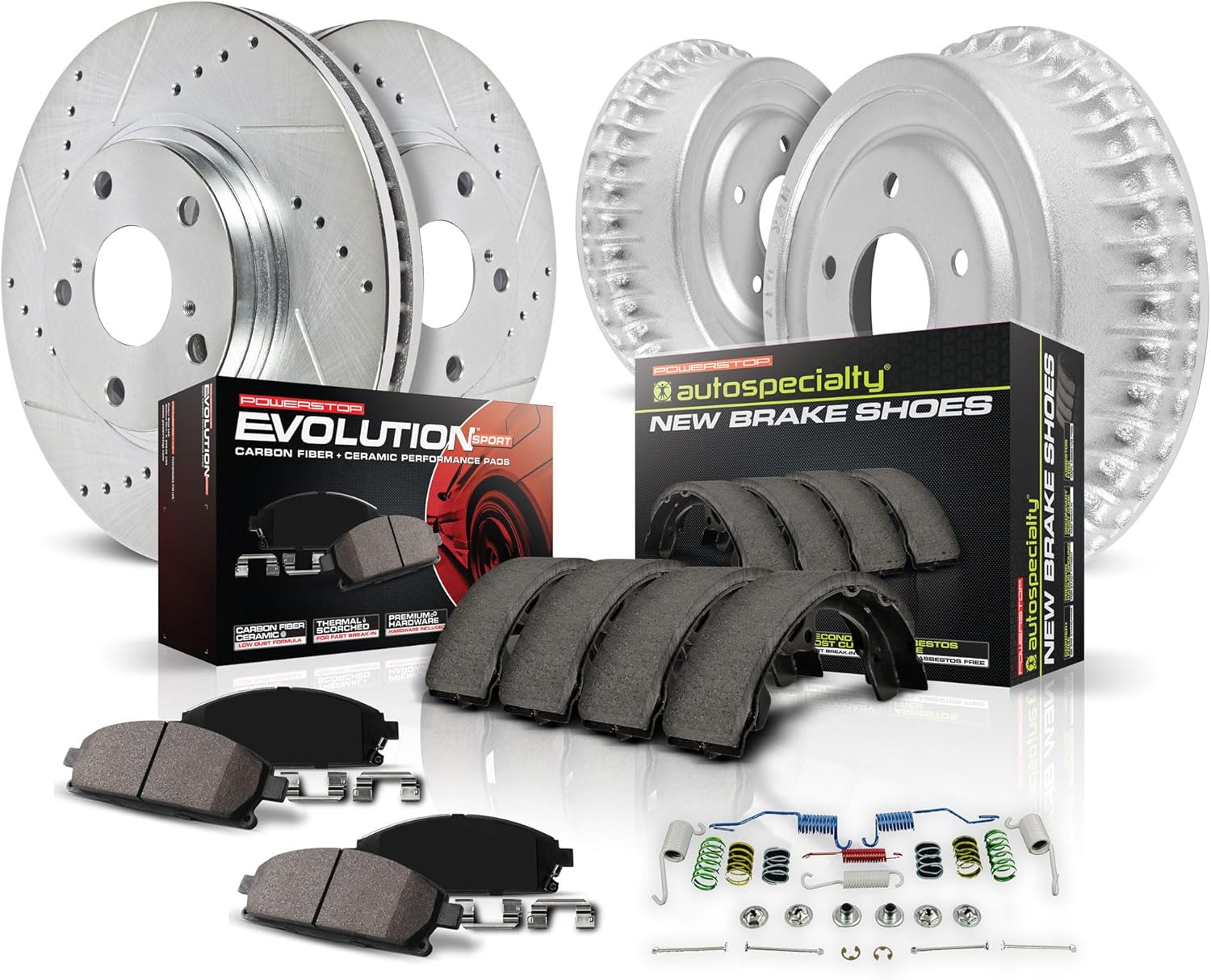 Power Stop K15185DK Front and Rear Z23 Carbon Fiber Brake Pads with Drilled & Slotted Brake Drums Kit For Suzuki Grand Vitara 2000-2005 [Model Specific]