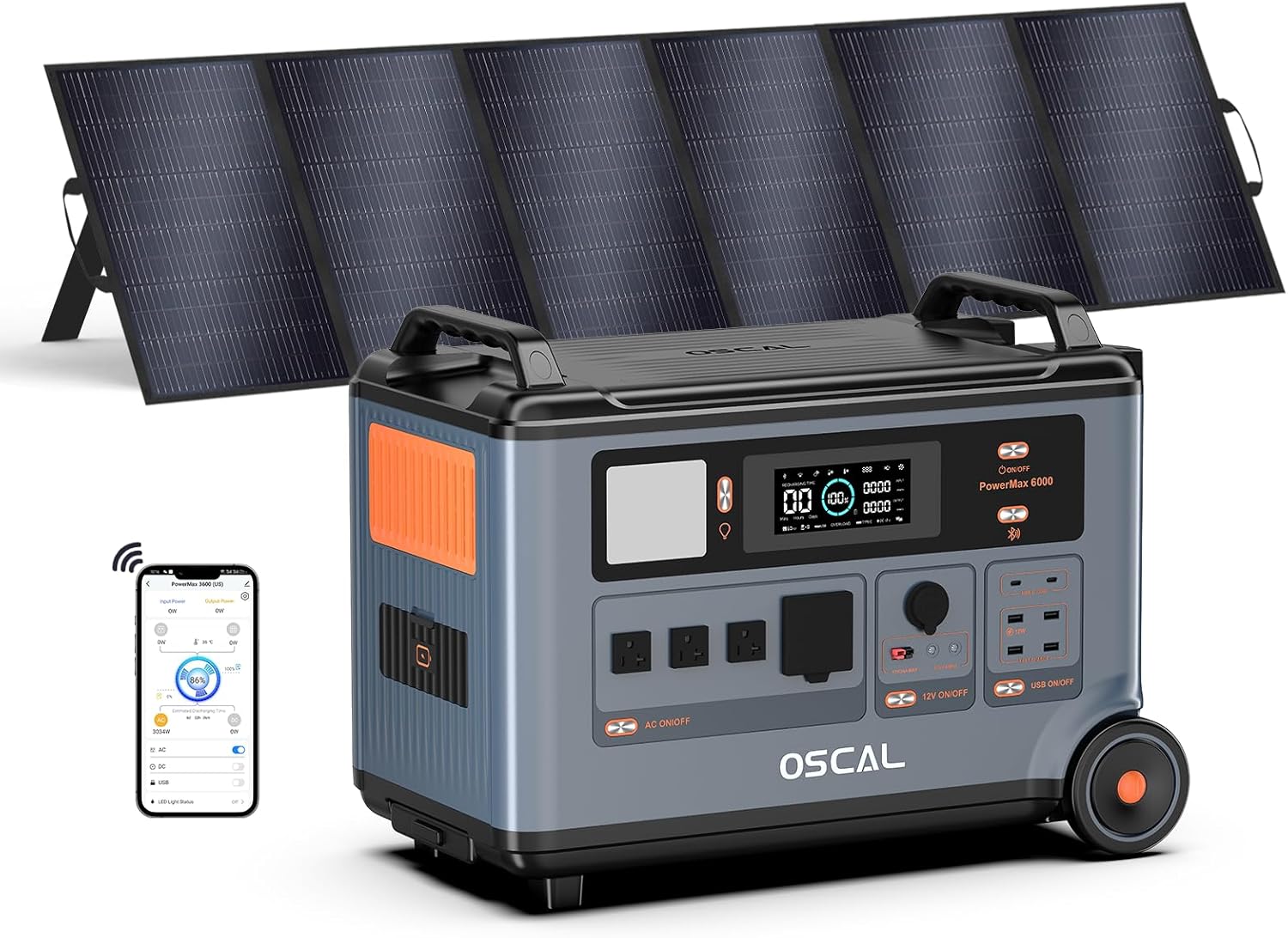 OSCAL PowerMax 6000 Solar Generator with 4x200W Solar Panels, 120/240V Split Phase Voltage 6000W AC Outlets (9000W Peak), 3600Wh Power Station Expandable to 57.6kWh, Emergency for Home