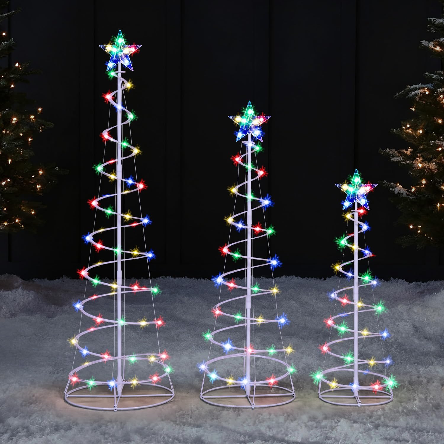 JOIEDOMI 3 Pack Spiral Christmas Tree Lights, 218 LED Outdoor Lighted Tree with Star Topper & Stakes, Christmas Decorations for Yard Porch Patio Garden Holiday Xmas Eve Night Décor, Multicolor