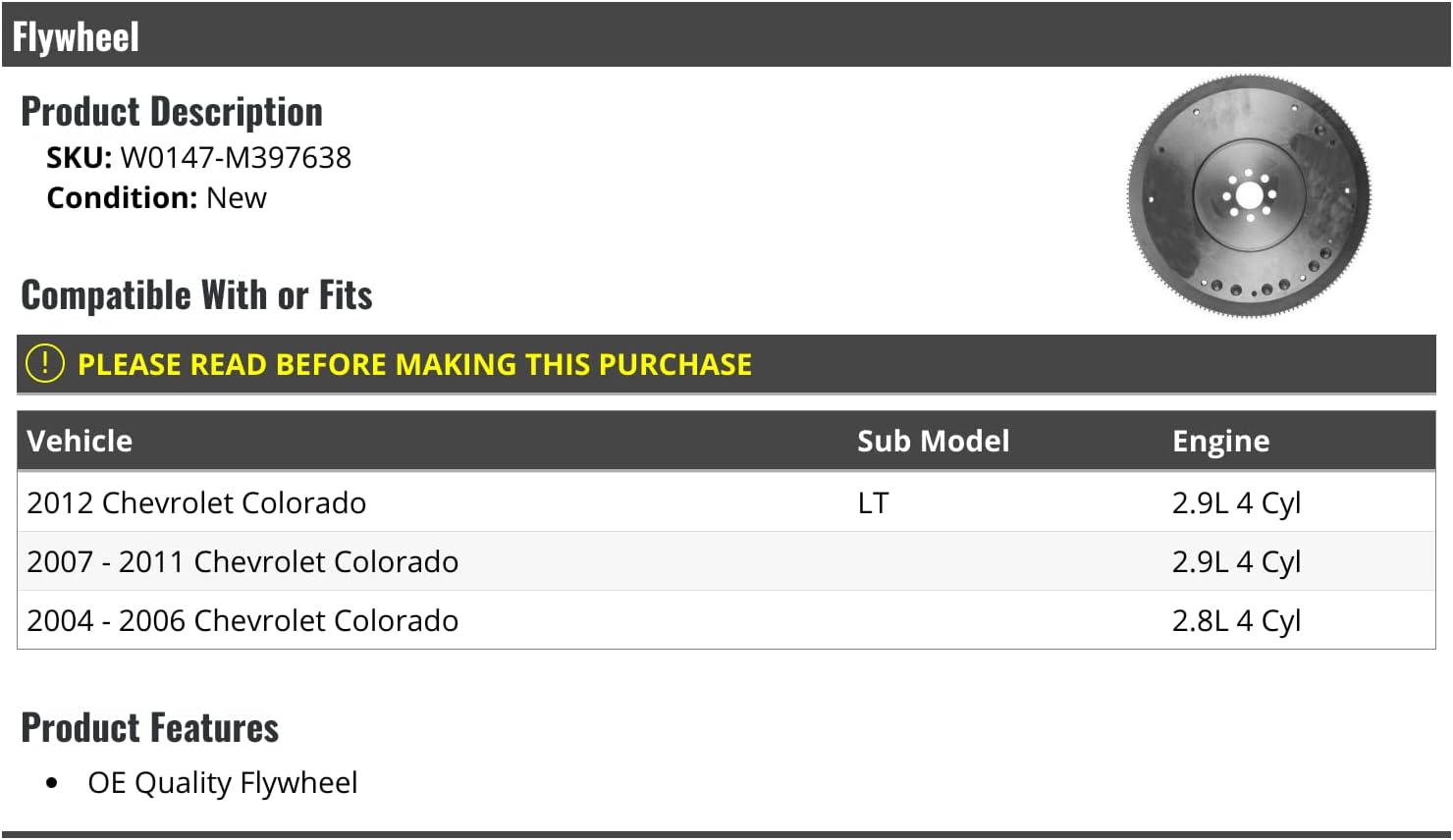 Flywheel - Compatible with 2004-2012 Chevy Colorado LT 2.8L 2.9L 4-Cylinder