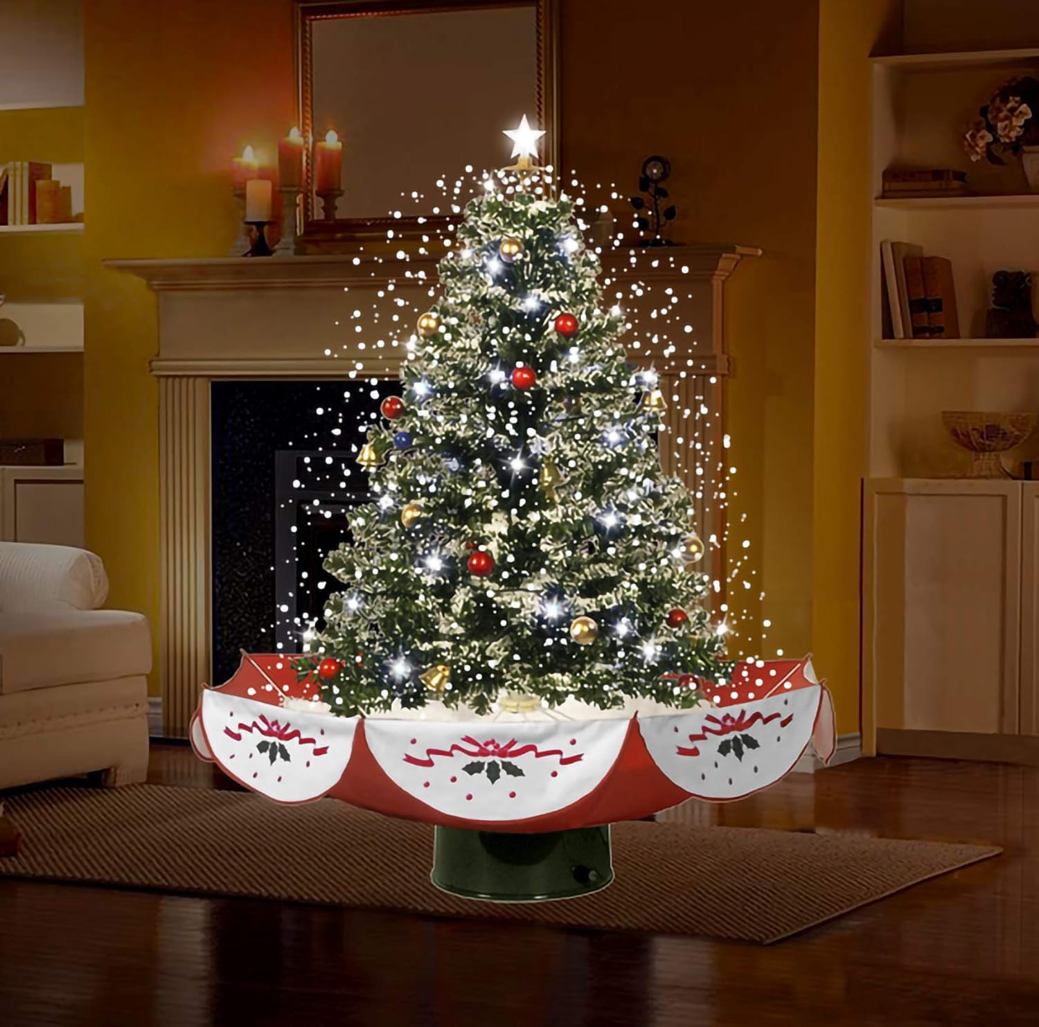 Fraser Hill Farm 29-in. Snowing Musical Christmas Tree with Warm White LED Lights, 25 Christmas Carols, Decorations, Star Topper, and Red Umbrella Base, Festive Xmas Decor for Foyer and Family Room
