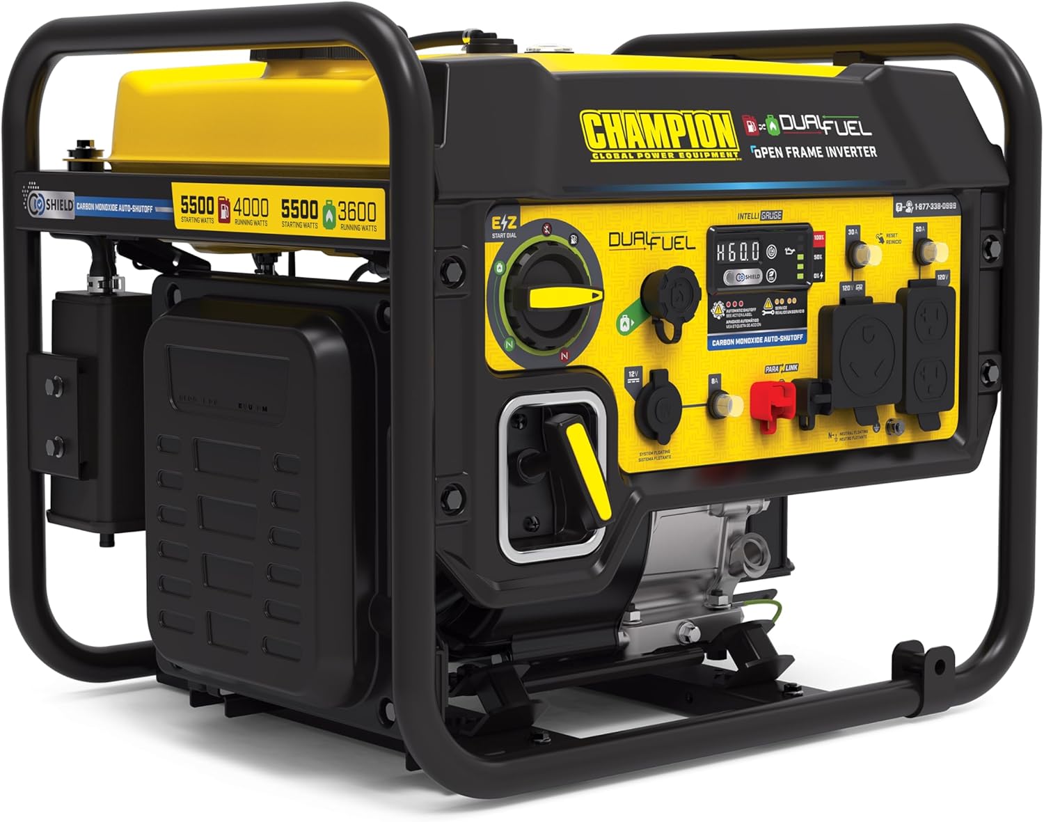 Champion Power Equipment 5500-Watt Dual Fuel RV Ready Portable Open Frame Inverter Generator with Quiet Technology and CO Shield, CARB Compliant