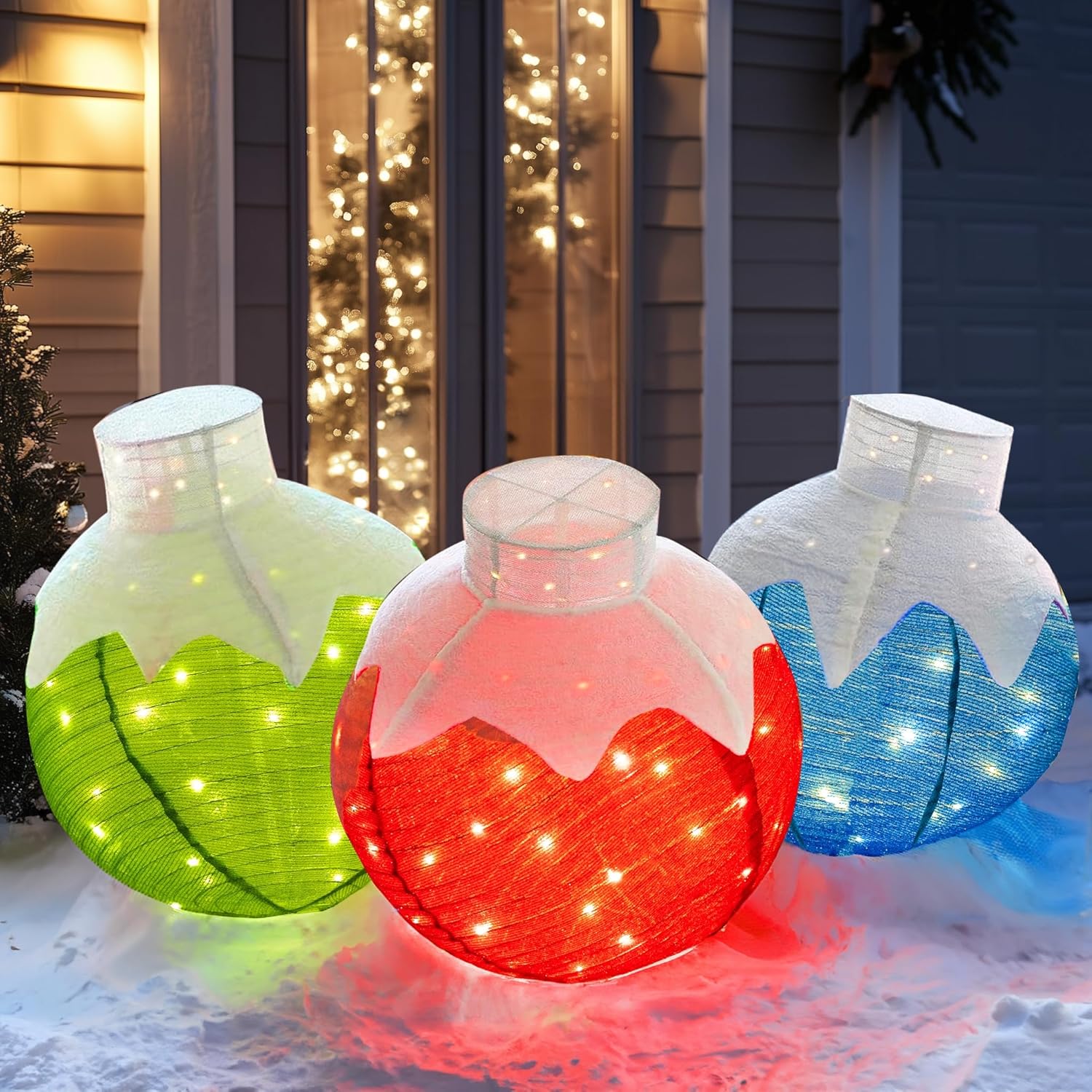 Dazzle Bright Christmas Ball Decorations, 3 Pcs Pre-Lit 270 LED Pop-Up Christmas Ball Set with Base, 8 Modes Lighted Collapsible Balls for Indoor Outdoor Garden Yard Party Xmas Decor