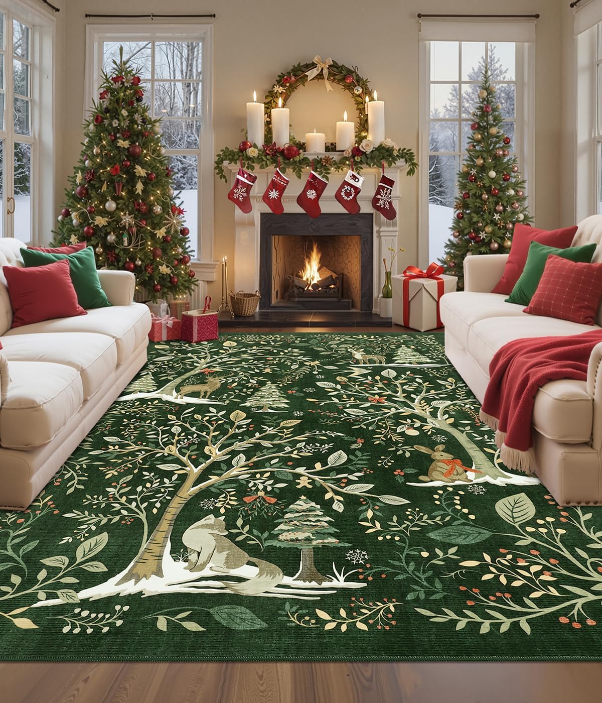 GarveeHome Christmas Area Rugs 8x10 for Living Room, Green Large Washable Rug Christmas Tree Animal Print Non Slip Carpet Indoor Holiday Rug for Bedroom Dining Room Home Decor