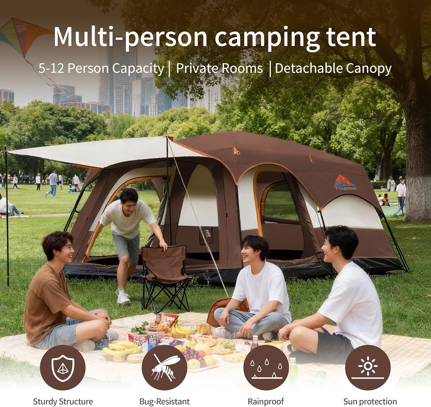Large Family Camping Tent - 5-12 Person Multi-Room Waterproof Pop-Up Tent with Screened Porch - Glamping Tent for Outdoor Camping & Family Vacation