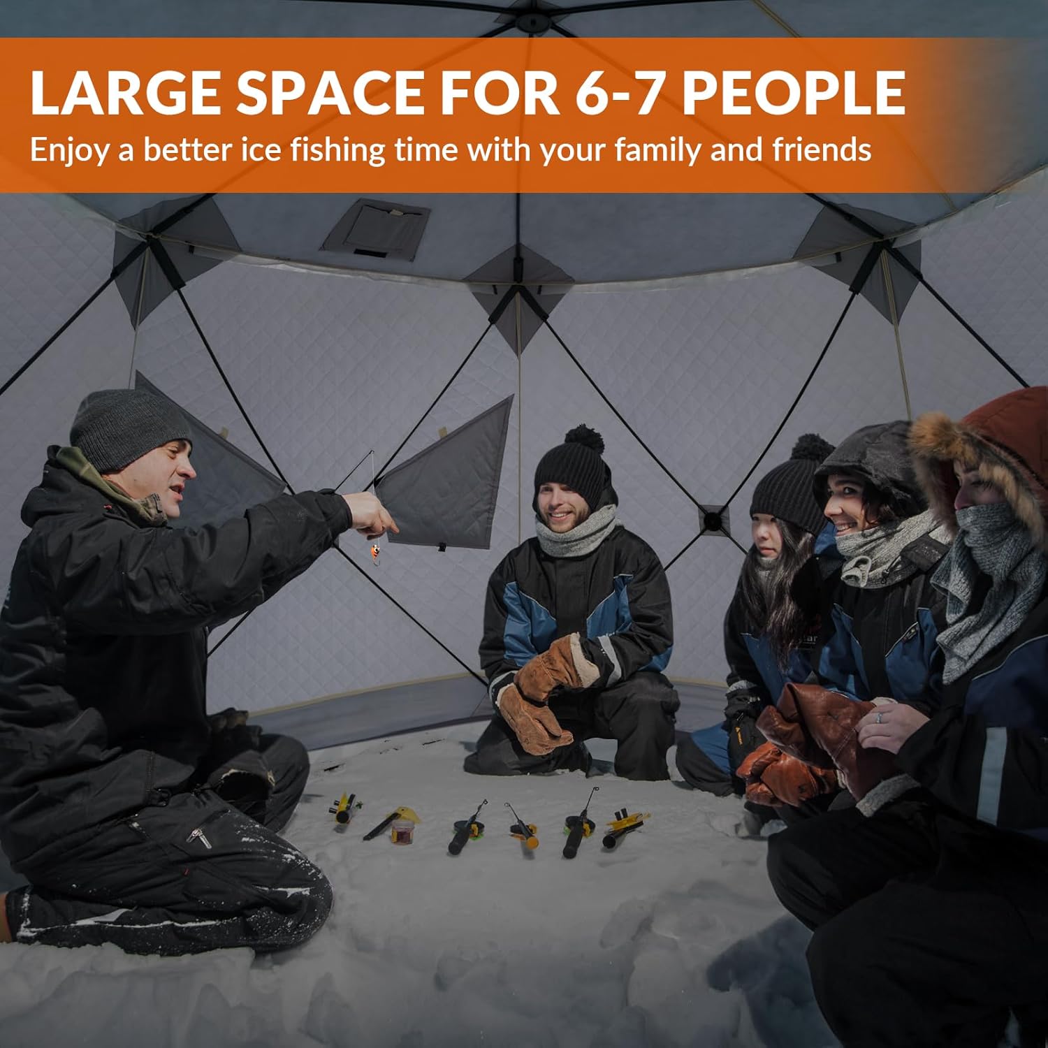 QualyQualy Ice Fishing Tent Insulated, 6 Sided Fishing Shelter for 6-7 Person, 77 Square Feet Pop-Up Ice Shanty Shack, Winter Windproof Hut Snow Hub with Carrying Bag