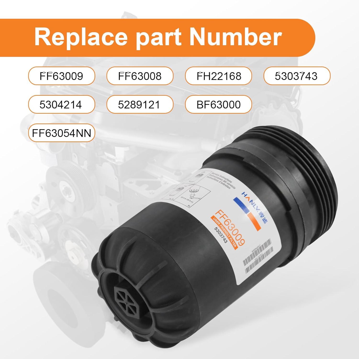 FF63009 Fuel Filter, Replacement for 2013-2020 Cummins B-Series and L-Series Diesel Engines, Water Separator 10 Micron Replace# 5303743, FF63008, FH22168, 6Pcs