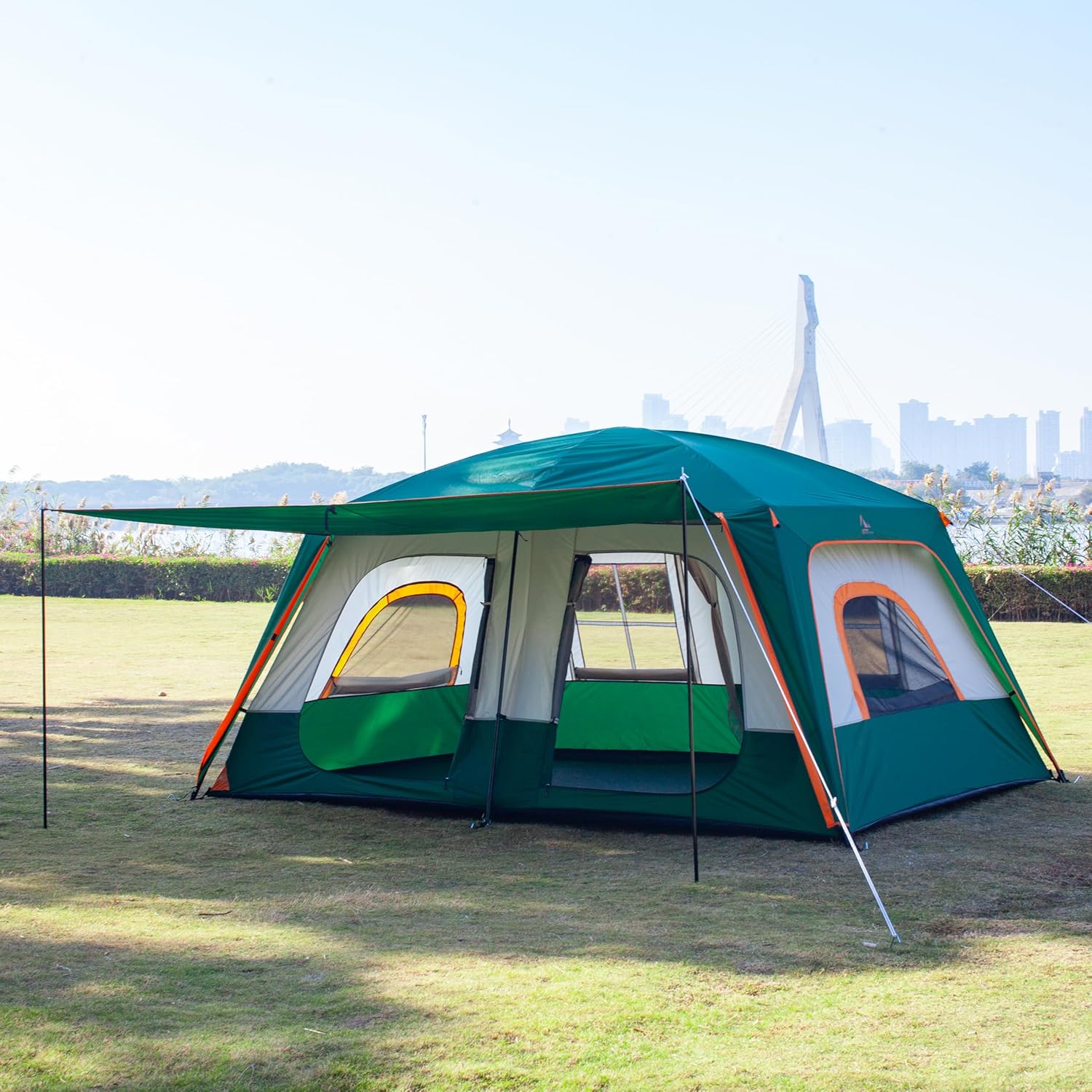 KTT Large Family Cabin Tent 10-12 Person,14.1X10X6.58ft,2 Rooms,3 Storage Pockets,2 Bay-Windows 3 Doors and 3 Windows with Mesh,Straight Wall,Waterproof,Double Layer,Big Tent for Outdoor,Camping