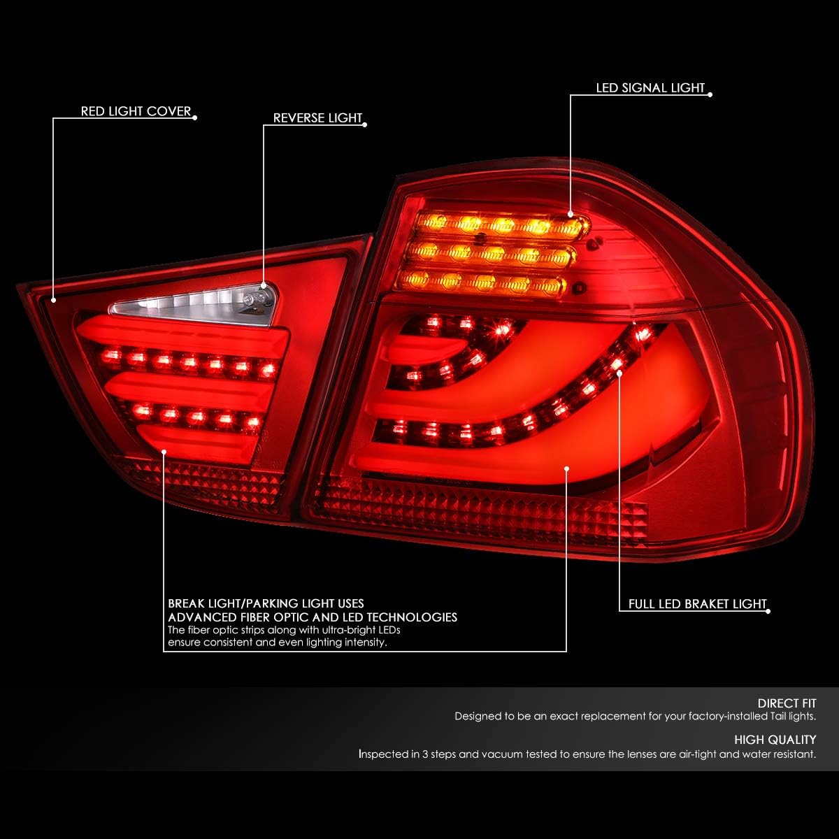 Auto Dynasty Tail Lights Compatible with 2009-2011 BMW 323i 325i 328i 335d E90 LCI 4Dr Sedan, 3D LED Bar Rear Brake Lamps Driver and Passenger Side, Red Lens