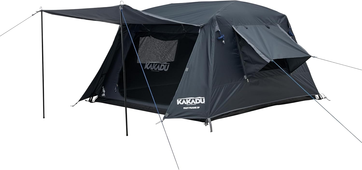 Kakadu Fast Frame Tent 3P, 3 Person Camping Tent, 1-Minute Setup, Fast Frame Twin Hub Design w/Pre-Attached Poles, Stargazing-Ready, Weatherproof, w/Awning Poles, and Carry Bag