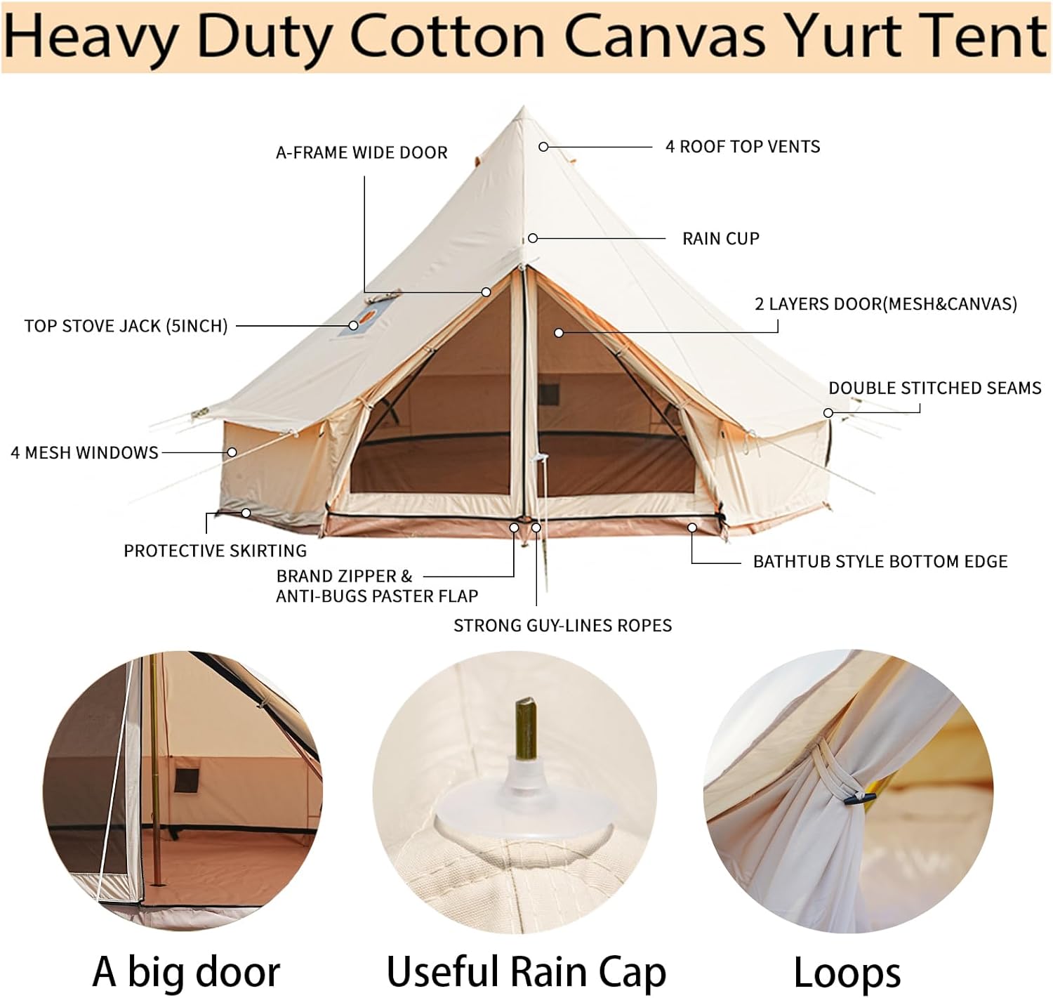 Glamcamp Bell Tent,4 Seasons Breathable Cotton Canvas Yurt Tent - w/Stove Jack,Luxury Camping Tent Outdoor,Zipped Removable Floor