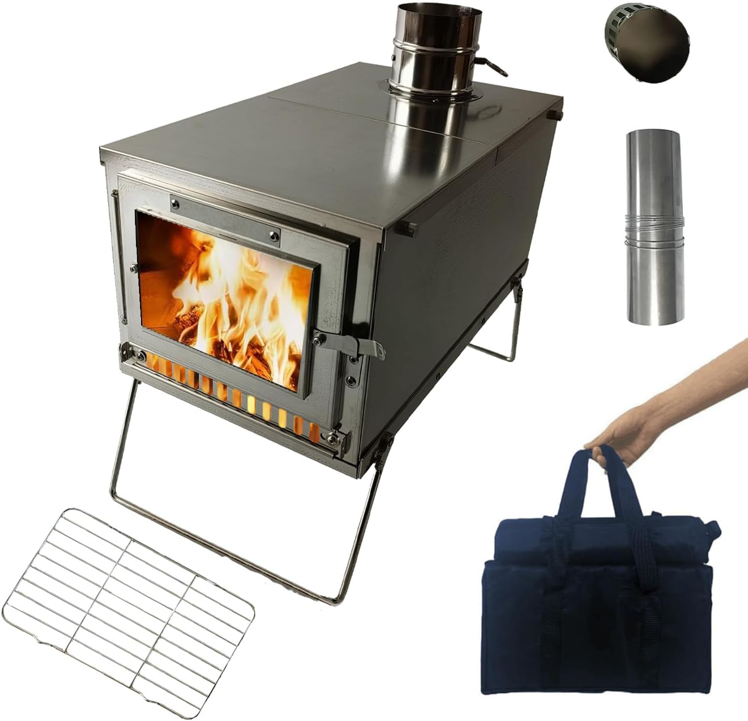 TS01 Portable Camping Wood Stove with 6.56ft Chimney, 304 Stainless Steel Collapsible Hot Tent Stove for Outdoor Glamping, Hunting, Easy Cooking