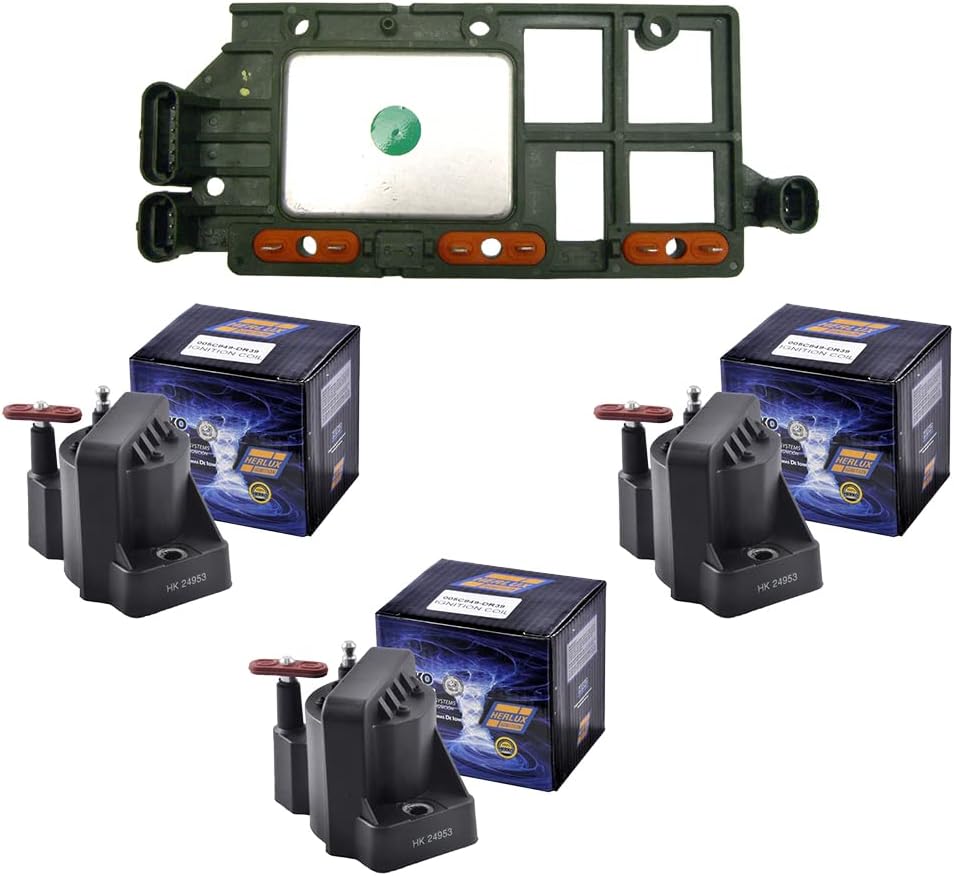 AD Auto Parts Coil Pack - Herko LX346 Ignition Control Module + 3 Herko B005 Ignition Coils