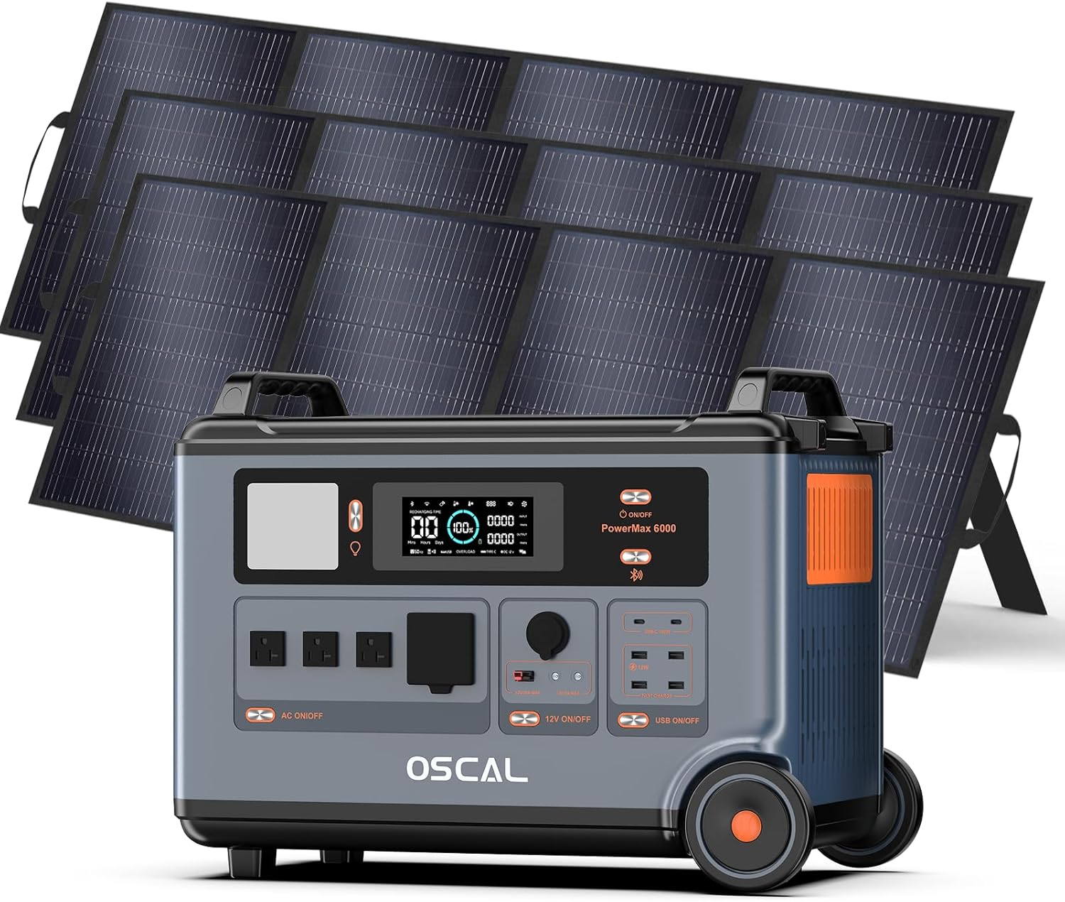 OSCAL 6000W AC Outlets (9000W Peak) Solar Generator with 3×400W Solar Panel, PowerMax 6000 120V/240V Split Phase Voltage, 2200W AC Charging/2400W Solar Charging, Emergency for Home, Battery Backup
