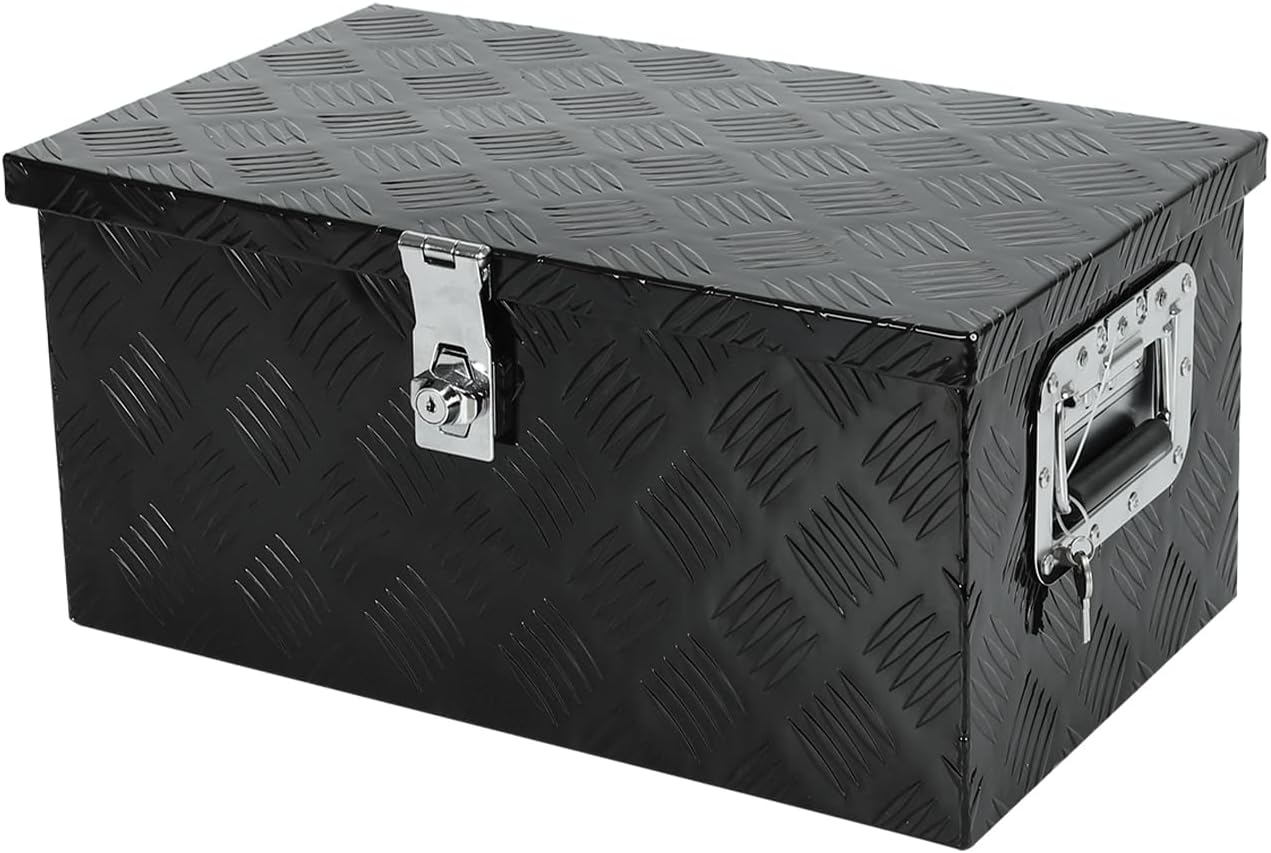 Heavy Duty Aluminum Stripes Plated Truck Tool Box, Waterproof Storage Organizer with Side Handle, Lock and Keys, 20×12×9.5 Inch Tool Chest for Pick up, Truck Bed, ATV, RV, Trailer（Black）