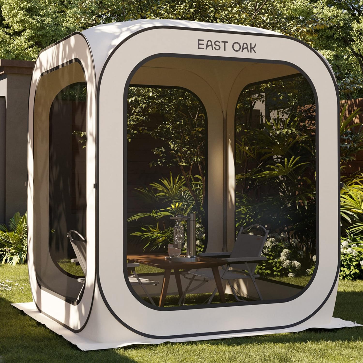 East Oak Screen House Tent Pop-Up, Portable Screen Room Canopy Instant Pop Up Screen Tent 12 x 12 FT with Carry Bag for Patio, Backyard, Deck & Outdoor Activities, Beige