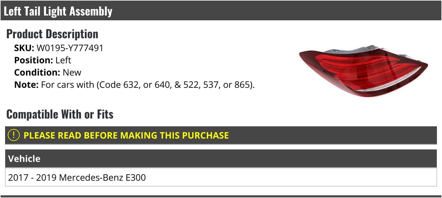 Left Driver Side Tail Light Assembly - Compatible with 2017-2019 Mercedes-Benz E300