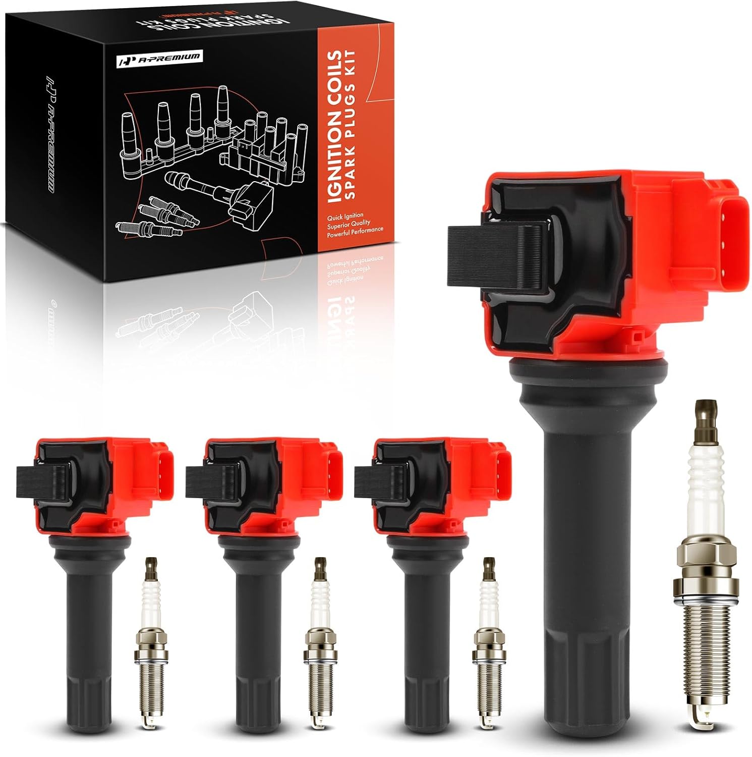 A-Premium (Red) Set of 8 Ignition Coil Pack and Iridium Spark Plugs Compatible with Subaru Forester 2011-2012 2.5L, Impreza 2012 2.0L