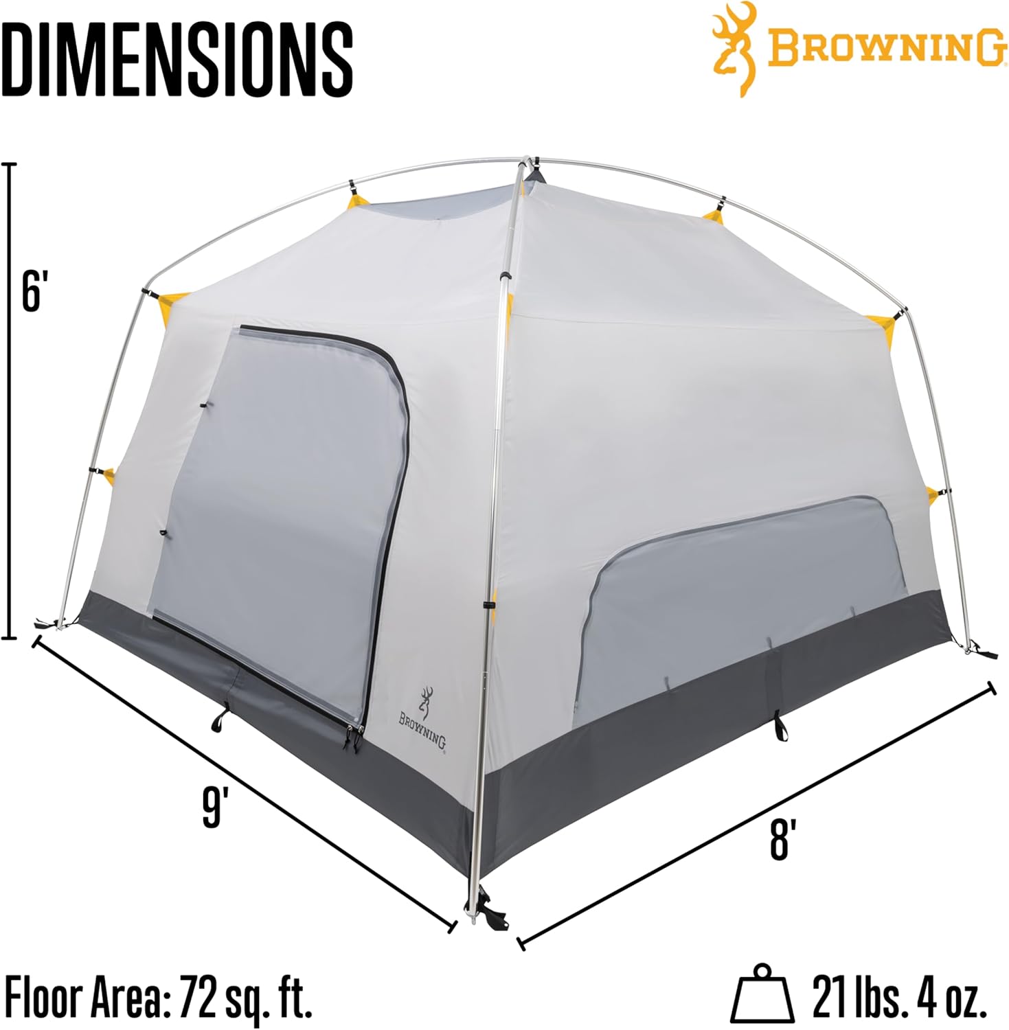 Browning Camping Glacier 4-Person Tent, Free-Standing Cabin Style with Full Coverage Fly