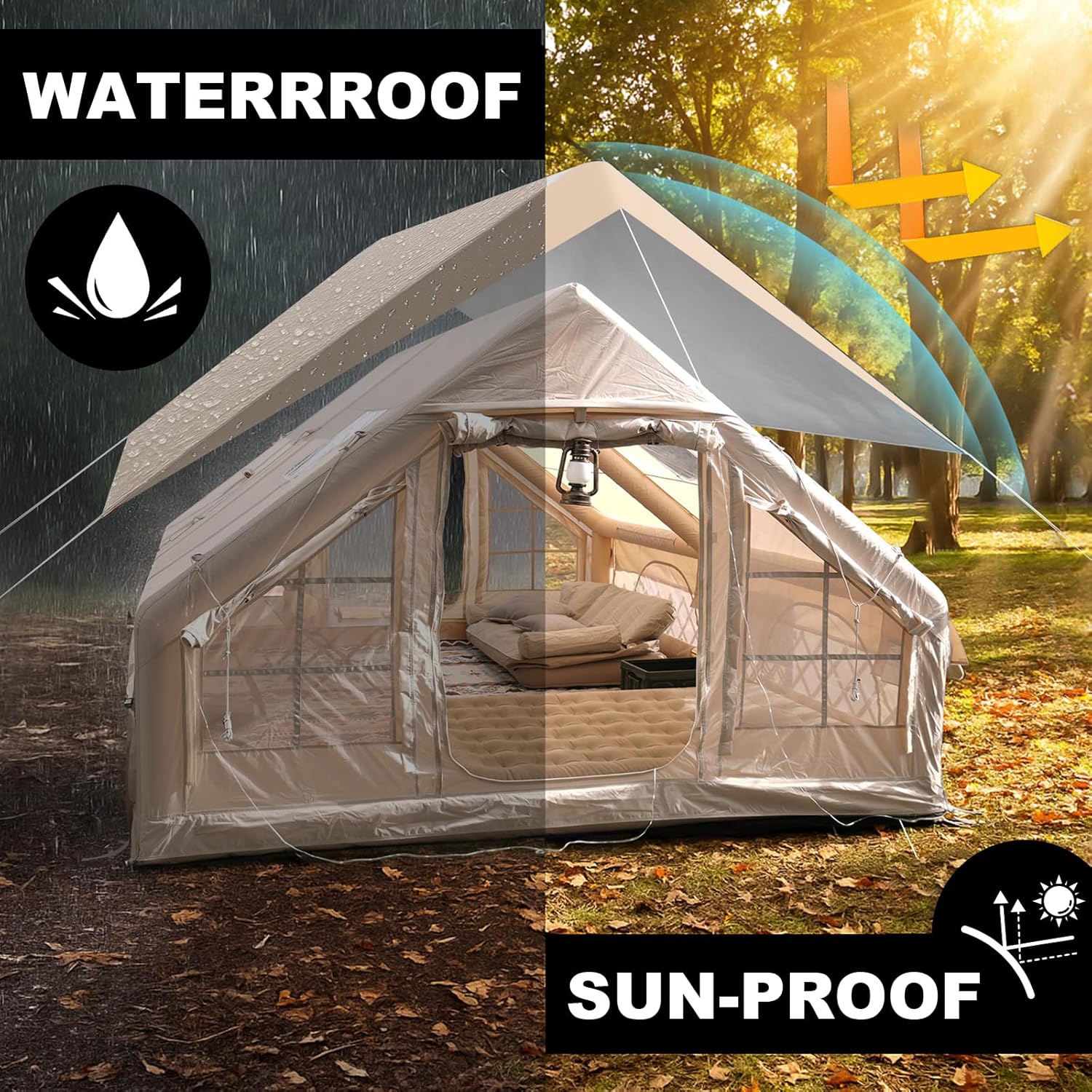 Large Inflatable Tents for Camping Adul 6/8/10 Person, 4 Season Blow Up Tent with Rainfly, Waterproof & Sunproof, Luxury Inflatable House with Stove Jack