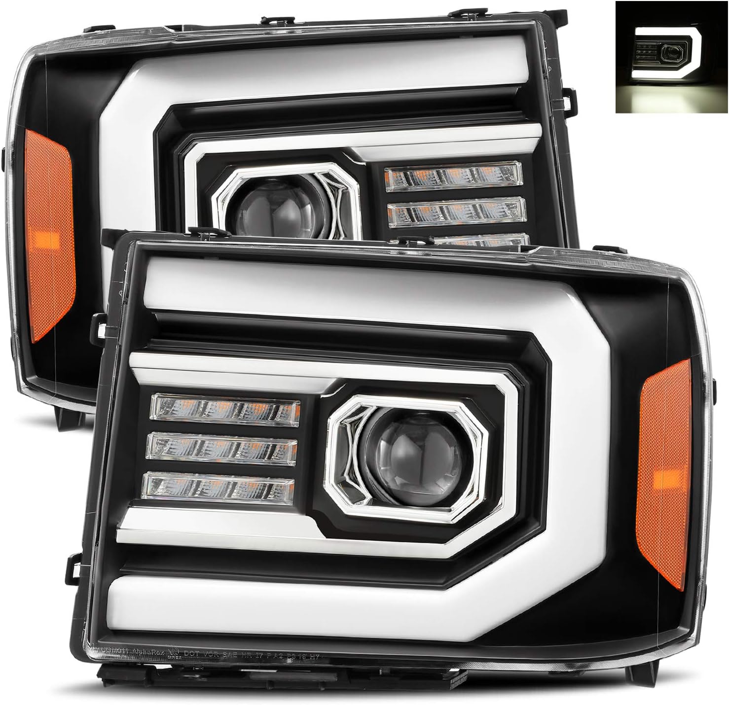 AlphaRex Base Model Black Fit 07-13 GMC Sierra 1500/07-14 Sierra 2500HD/3500HD LED DRL Tube Dual Projector Headlights