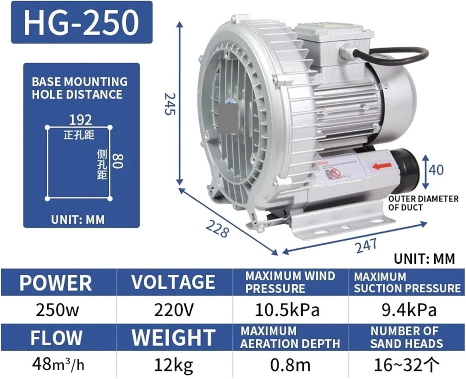 1pc High Pressure Vortex Fan - Industrial Centrifugal Blower for Fish Pond Aeration, 120W/180W/250W Options(Hg-250)