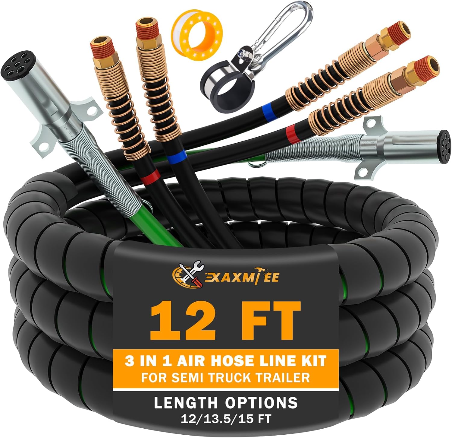 15 FT Semi Truck Air Lines Kit with 2 Pcs Tender Spring Kit and Glad Hands with Gladhand Holder & Handles 3IN1 Trailer Cord and Air Hoses Kit for Truck Trailer Tractor