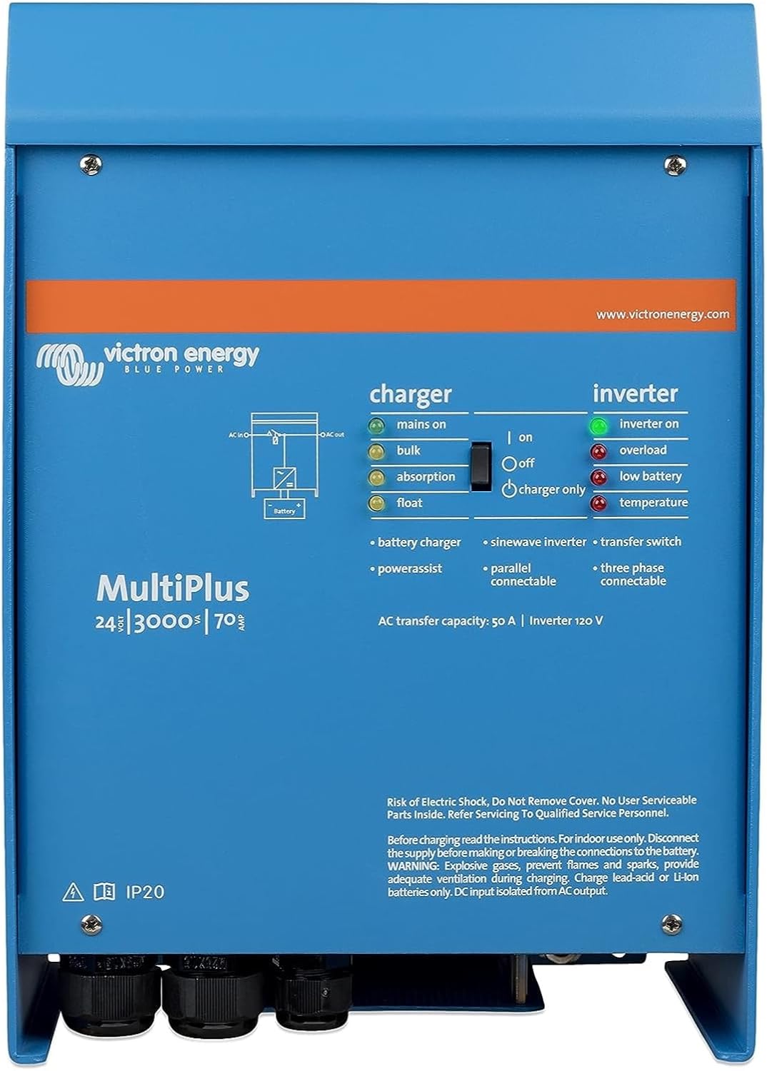 Victron Energy MultiPlus Pure Sine Wave Inverter Charger for 70 amp Battery, UL-Certified, 3000VA 24-Volt