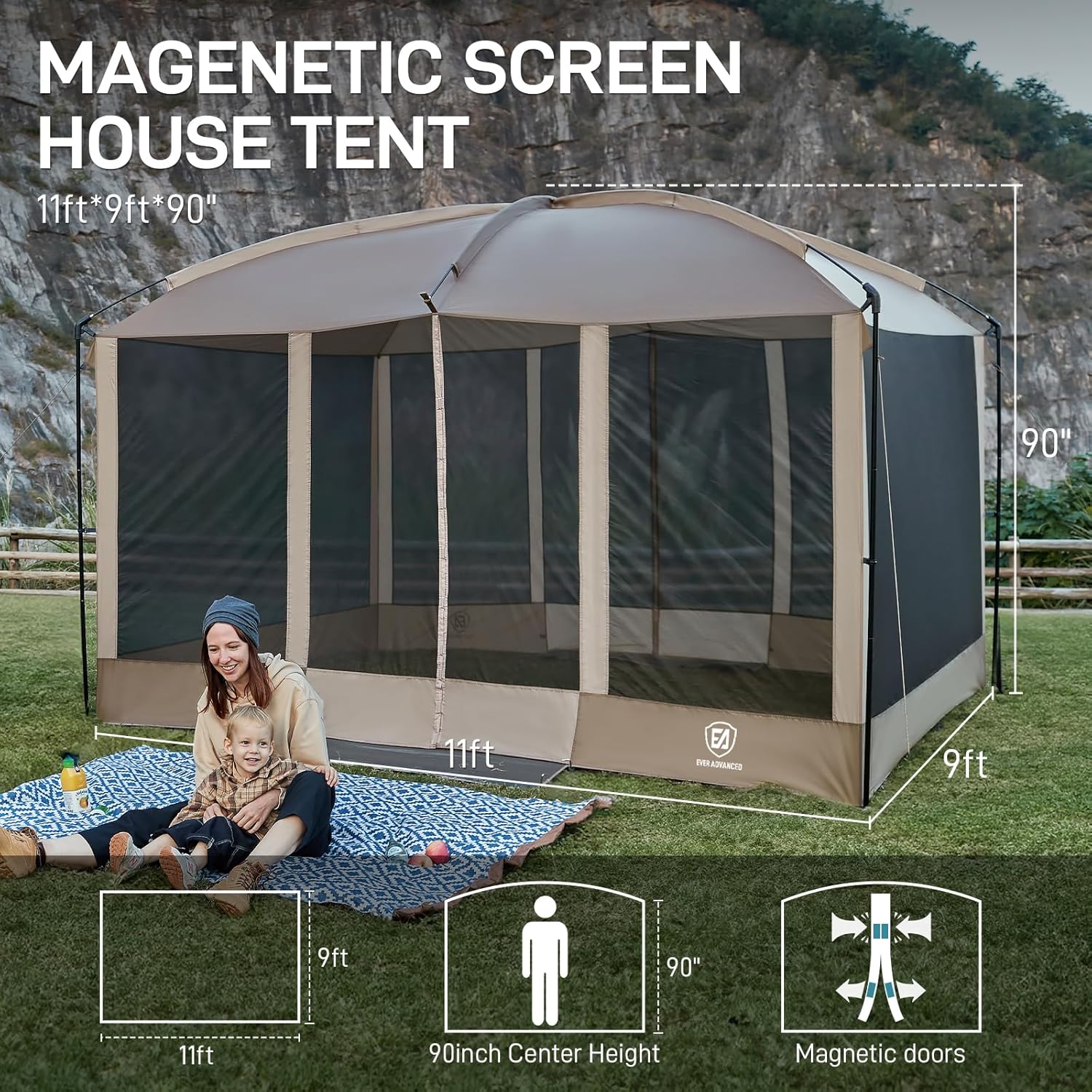 EVER ADVANCED Magnetic Screen House Room 11x9ft, Hands-Free Entry,Screenhouse with Sun Protection for Camping&Picnic, 11x9ftCamping Tent Canopy Shelter with Mesh, Brown