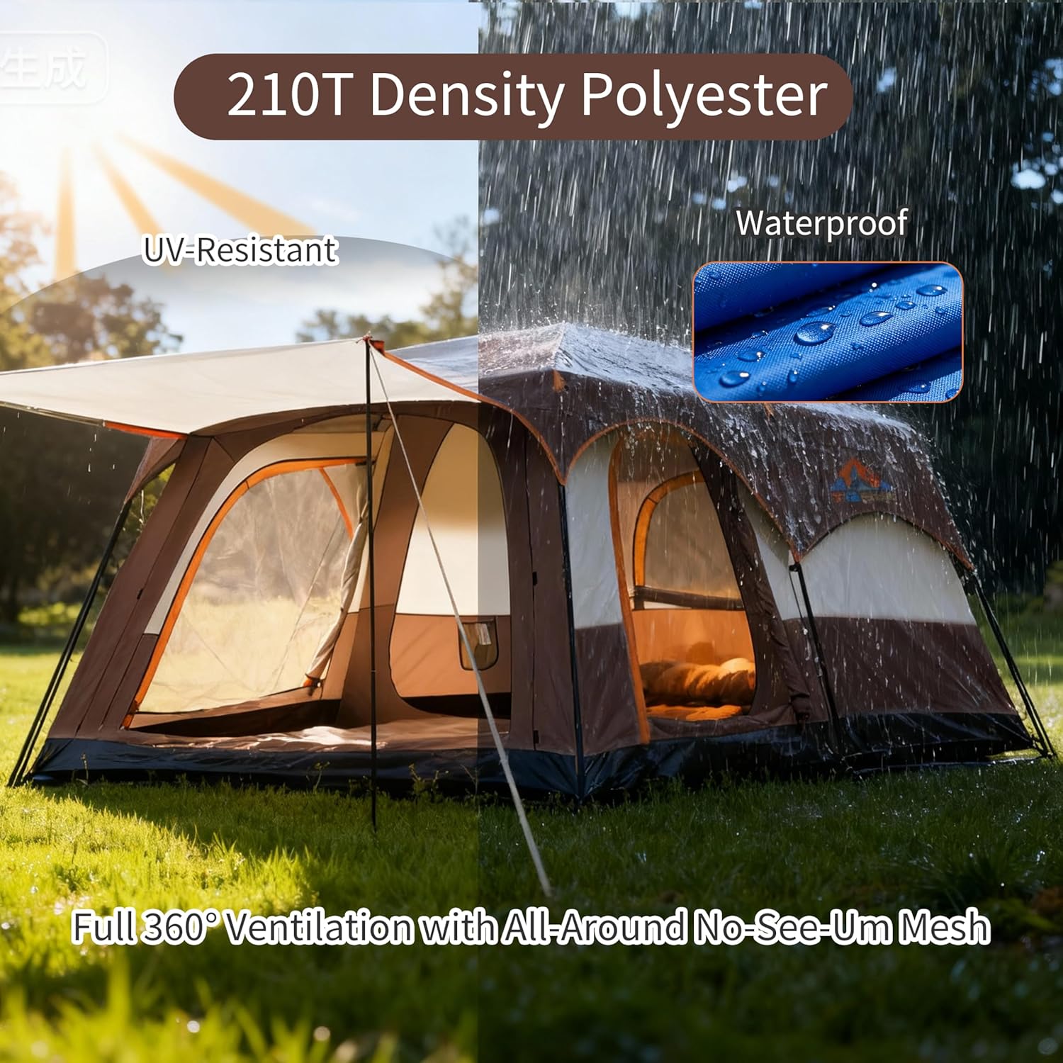 Large Family Camping Tent - 5-12 Person Multi-Room Waterproof Pop-Up Tent with Screened Porch - Glamping Tent for Outdoor Camping & Family Vacation