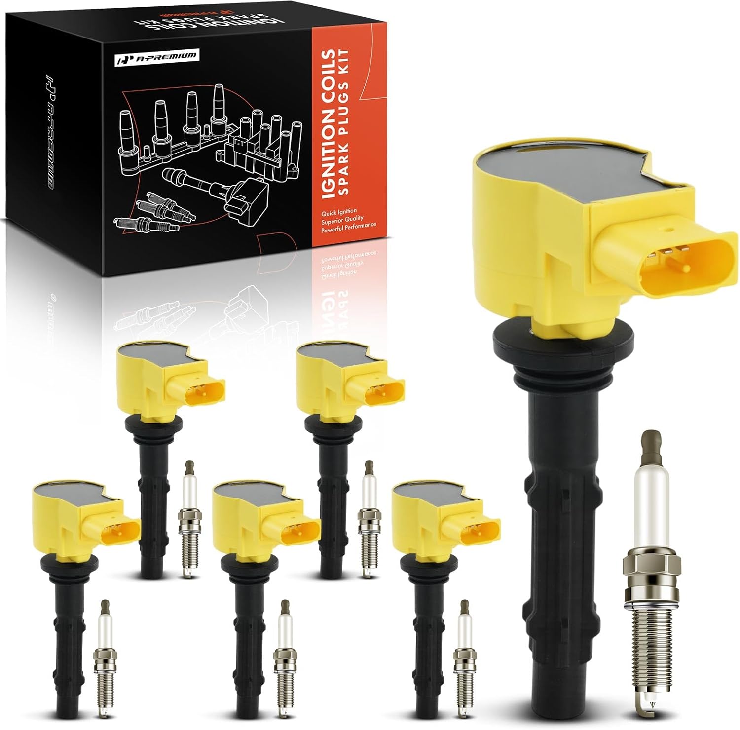 A-Premium Yellow Set of 12 Ignition Coil Pack and Iridium Spark Plugs Compatible with Mercedes-Benz C230, C250, C280, C300, C350, E300, GLK350, ML350, S400, SLK280, R350, CLK350 & Dodge & Freightliner