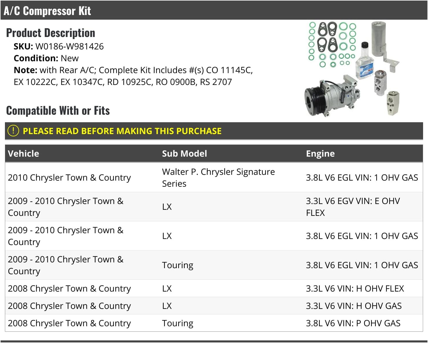 A/C Compressor Kit - Compatible with 2008-2010 Chrysler Town and Country (with Rear AC)