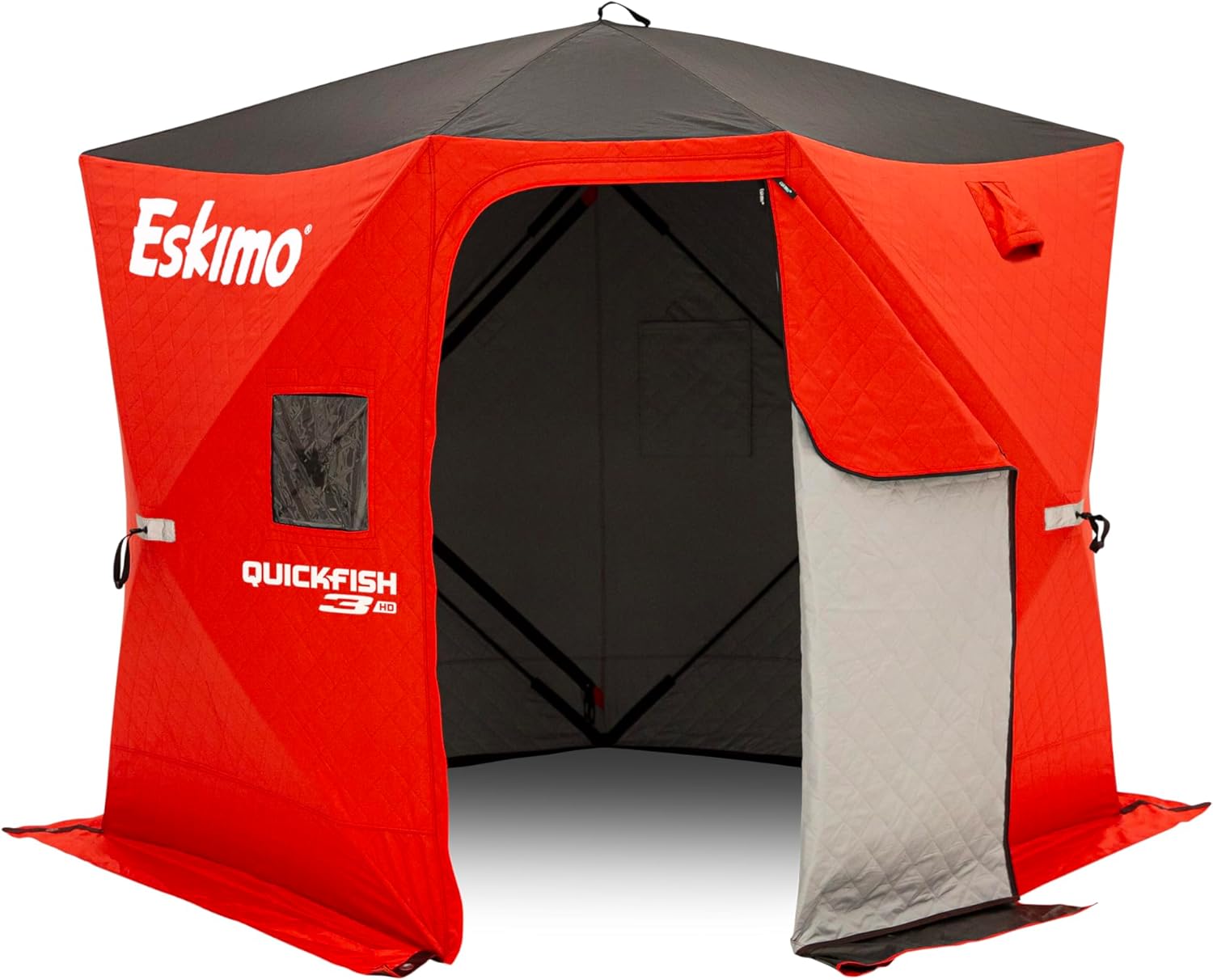 Eskimo QuickFish™ 3HD, Pop-Up Portable Shelter, No-Trip Door, Red/Black, Fully Insulated, Deluxe Ice Anchors, Three Person, Ice Fishing Shelter, 46075