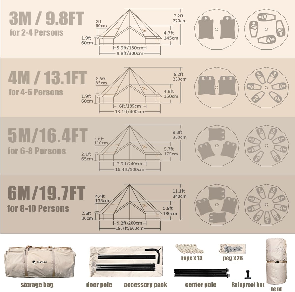 Canvas Bell Tent Yurt Tent 4 Seasons for Camping 100% Cotton Glamping Tents with Stove Jack, Family Camping Outdoor Hunting Party