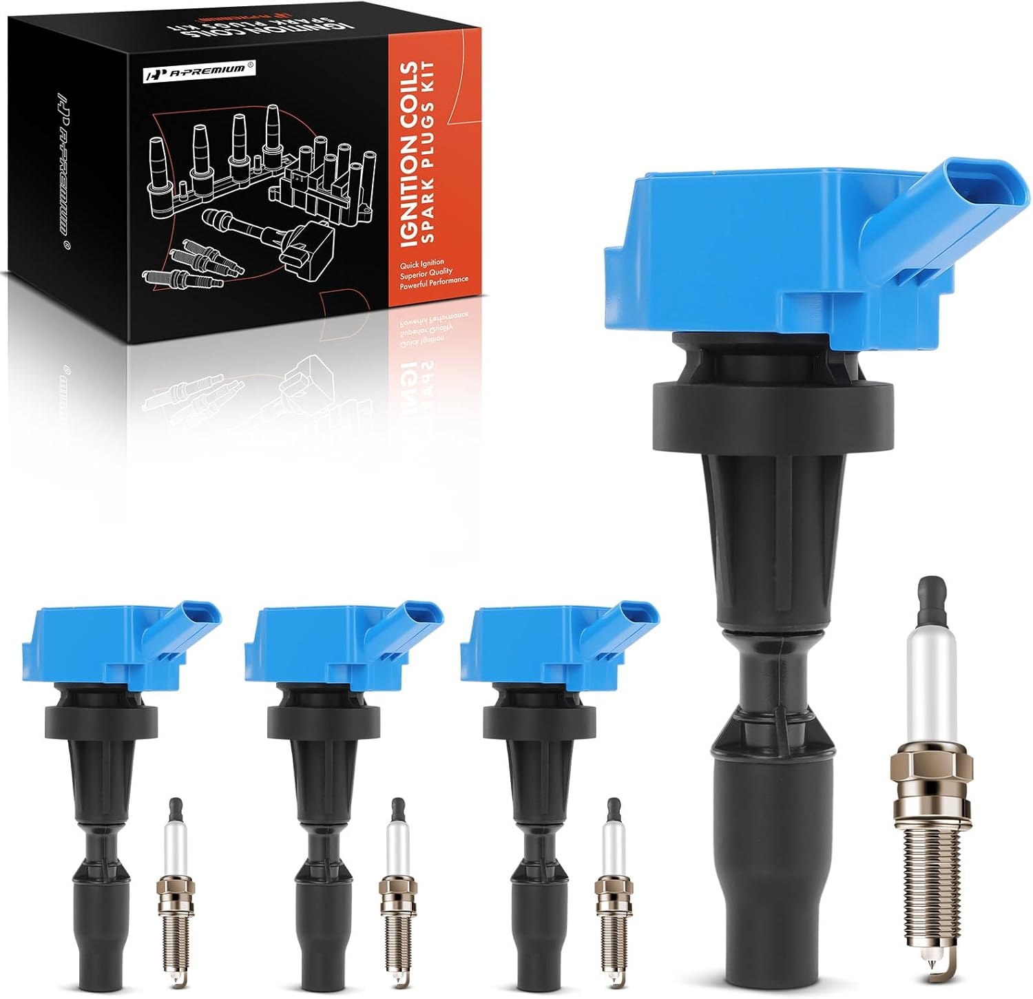 A-Premium (Blue) Set of 8 Ignition Coil Pack and Iridium Spark Plugs Compatible with Hyundai Elantra 2017-2019, Elantra GT, Sonata, Tucson, Veloster, Kona & Kia Soul, Optima, Forte, Forte5, Seltos