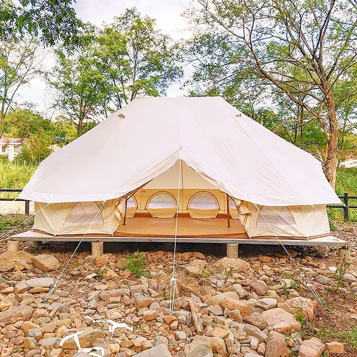 UNISTRENGH Luxury Cotton Canvas 6x4m Emperor Tent Waterproof Twin Poles Bell Tent with Stove Jack Hole for 8-12 People Family Camping Hiking Party