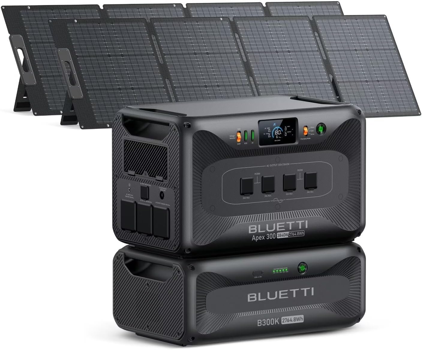 BLUETTI Apex 300 Solar Generator & B300K (2025 New) with 2 350W Solar Panels, 5529.6Wh LFP Battery Backup with 6 3840W AC Outlets (7680W Surge), 120V/240V Dual Voltage, Ideal for Off-Grid Living