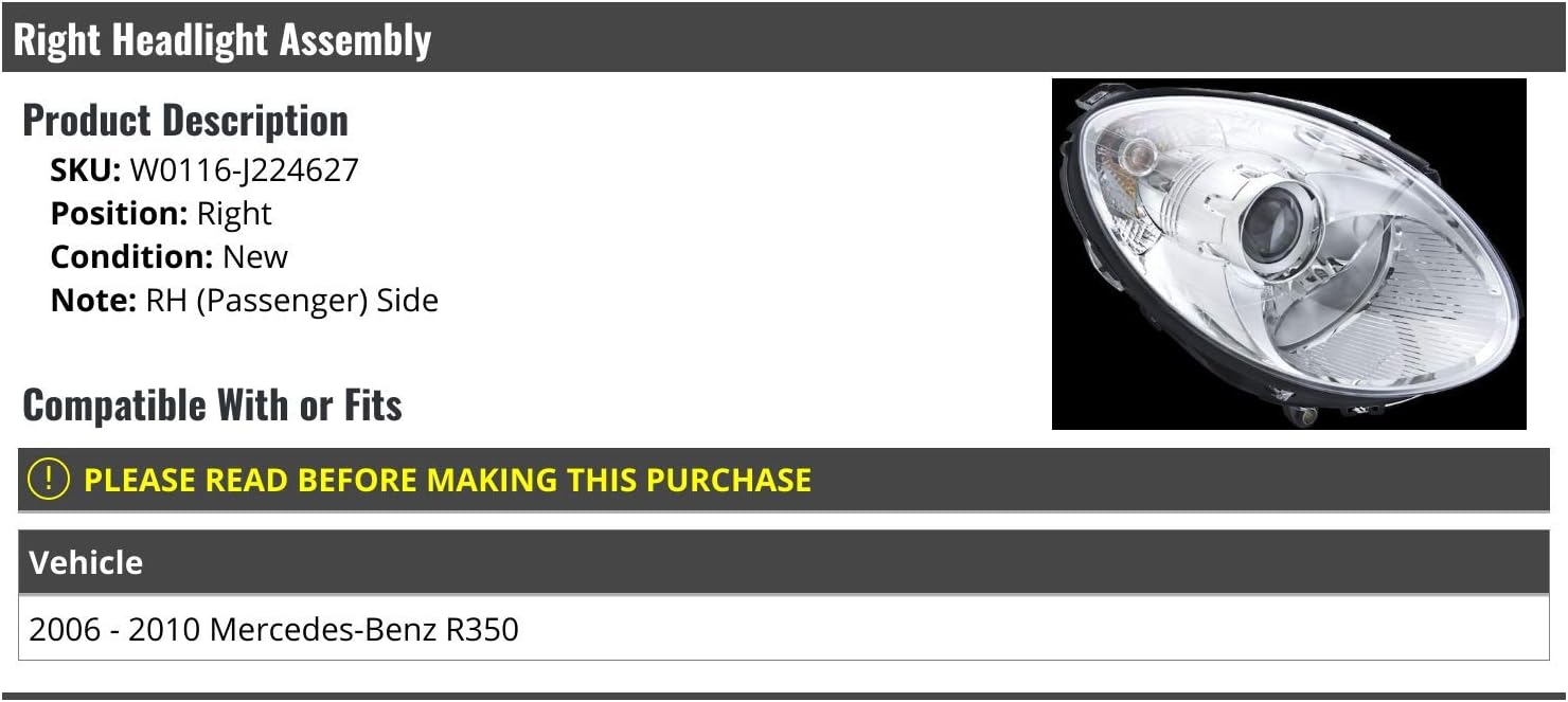 Right Passenger Side Headlight Assembly - Compatible with 2006-2010 Mercedes-Benz R350